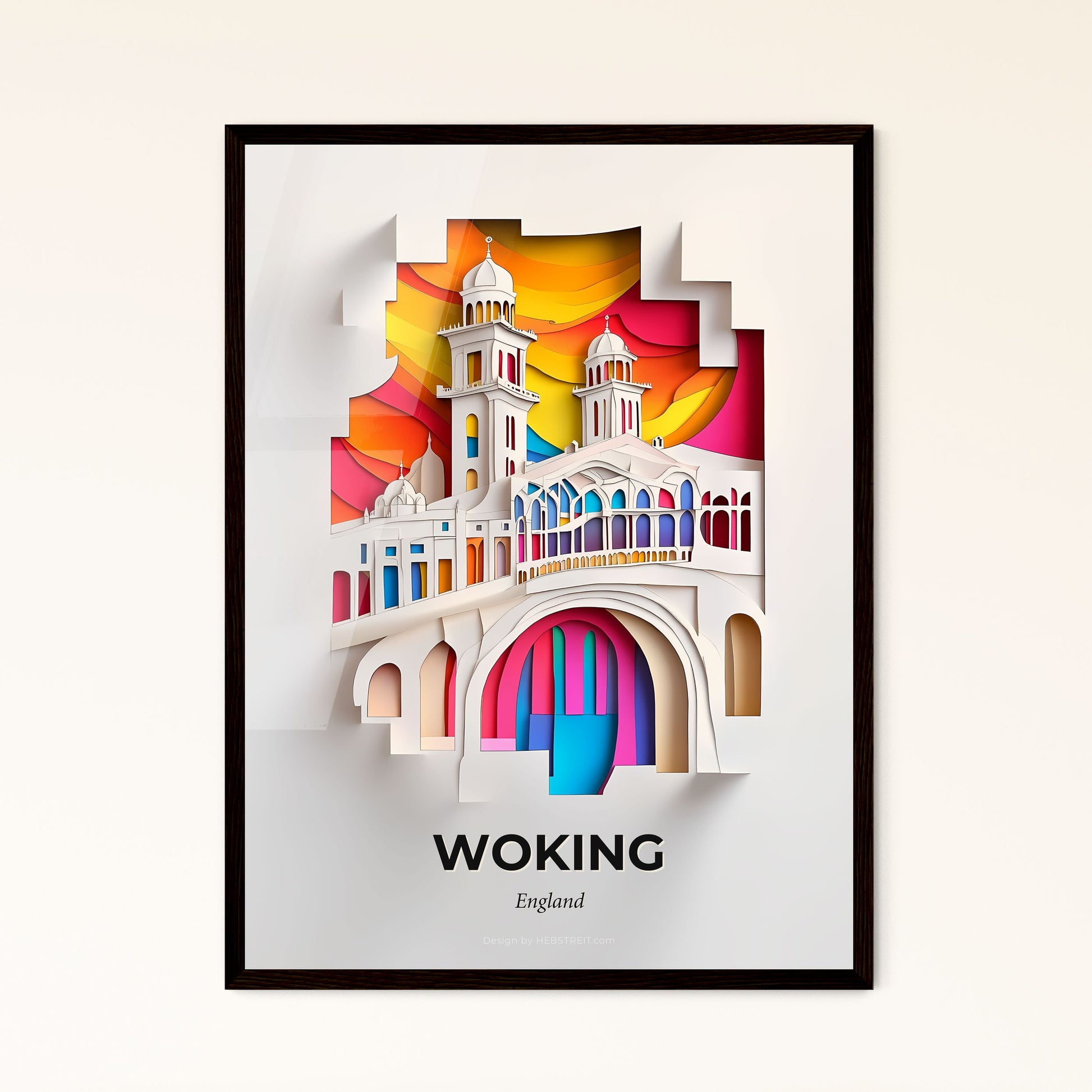 Vivid Woking, England - a paper cut of a building with a rainbow sky