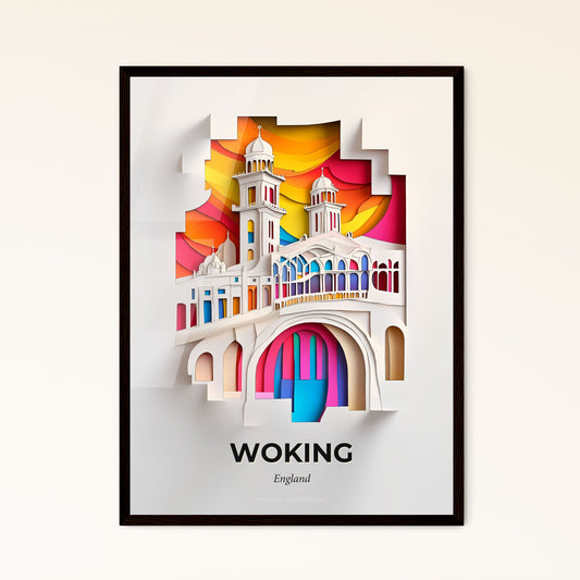 Vivid Woking, England - a paper cut of a building with a rainbow sky