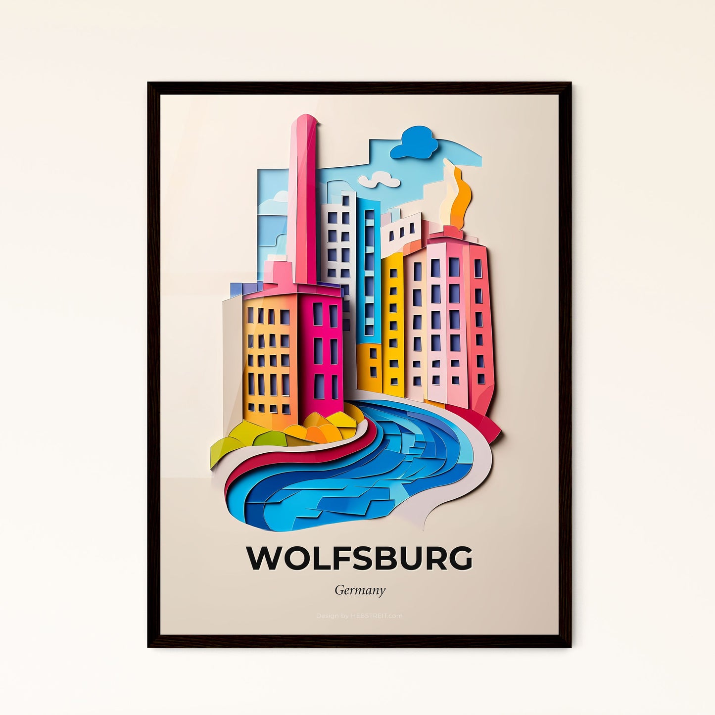 Vivid Wolfsburg, Germany - a paper cut of a city with a river