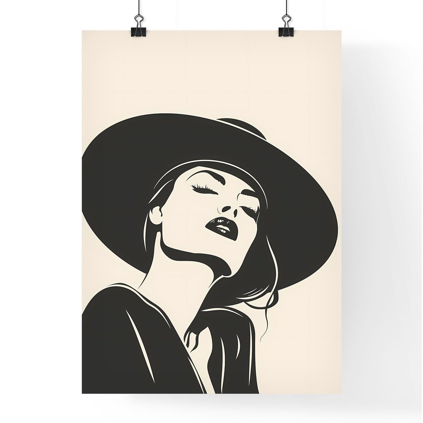 Minimalist Retro Fashion Art Poster: Black and White Illustration of a Hatted Woman Default Title
