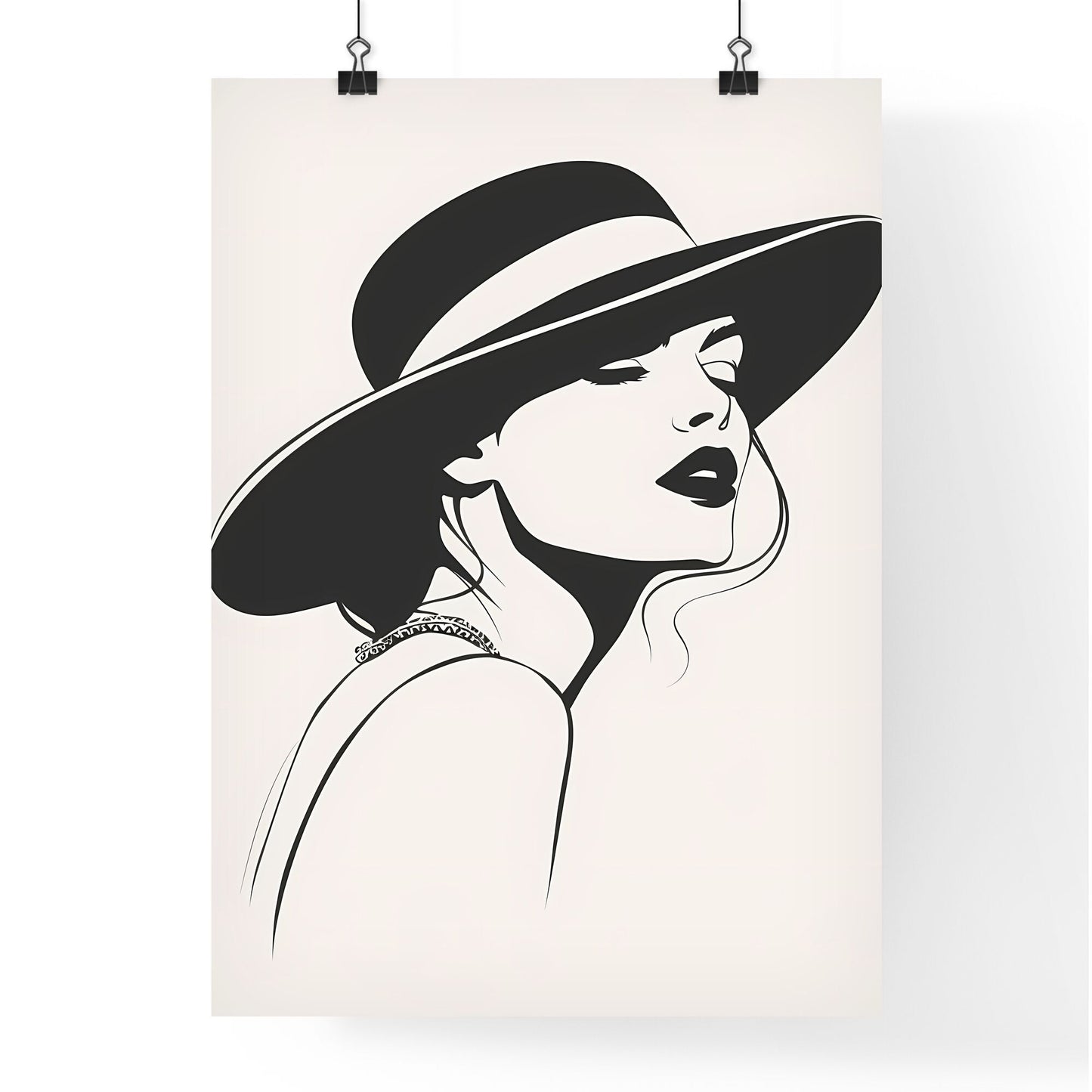 Minimalist Retro Fashion Illustration: Black and White Poster with Hat-Wearing Woman, Vibrant Painting, Art Focus Default Title