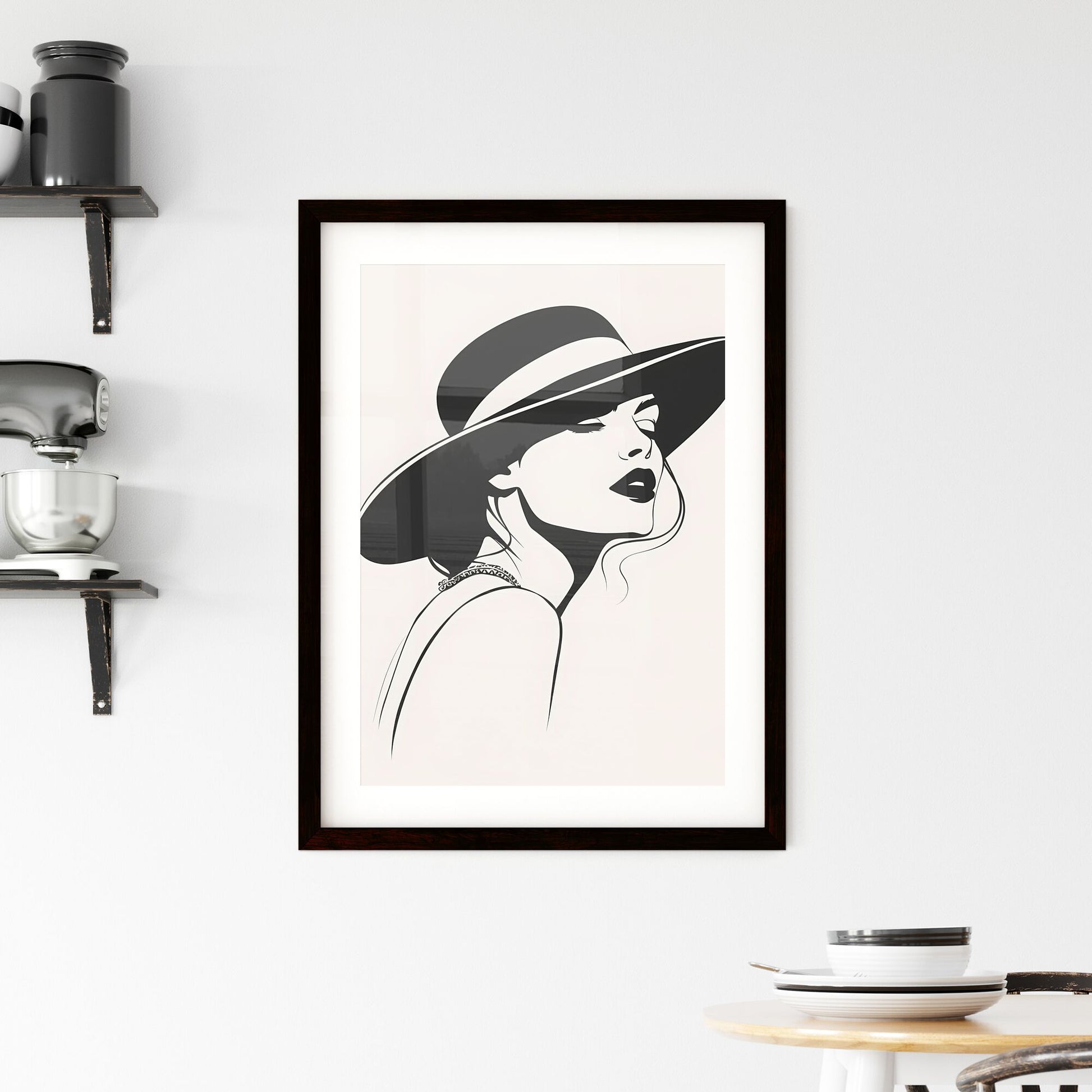 Minimalist Retro Fashion Illustration: Black and White Poster with Hat-Wearing Woman, Vibrant Painting, Art Focus Default Title