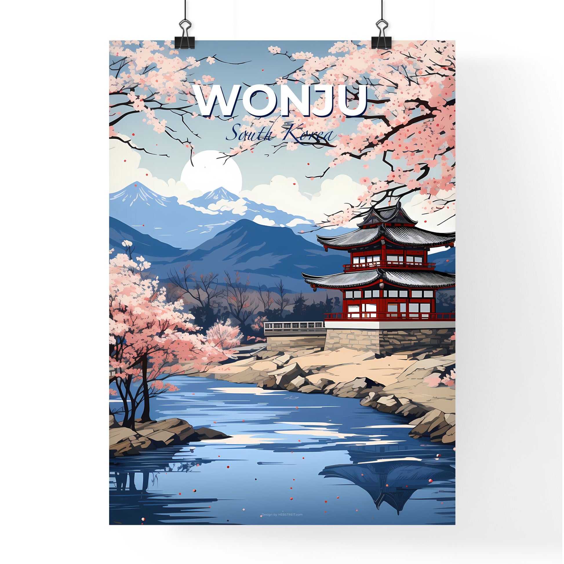 Vibrant Art Painting of Wonju South Korea Skyline with Pagoda Building by the River Default Title