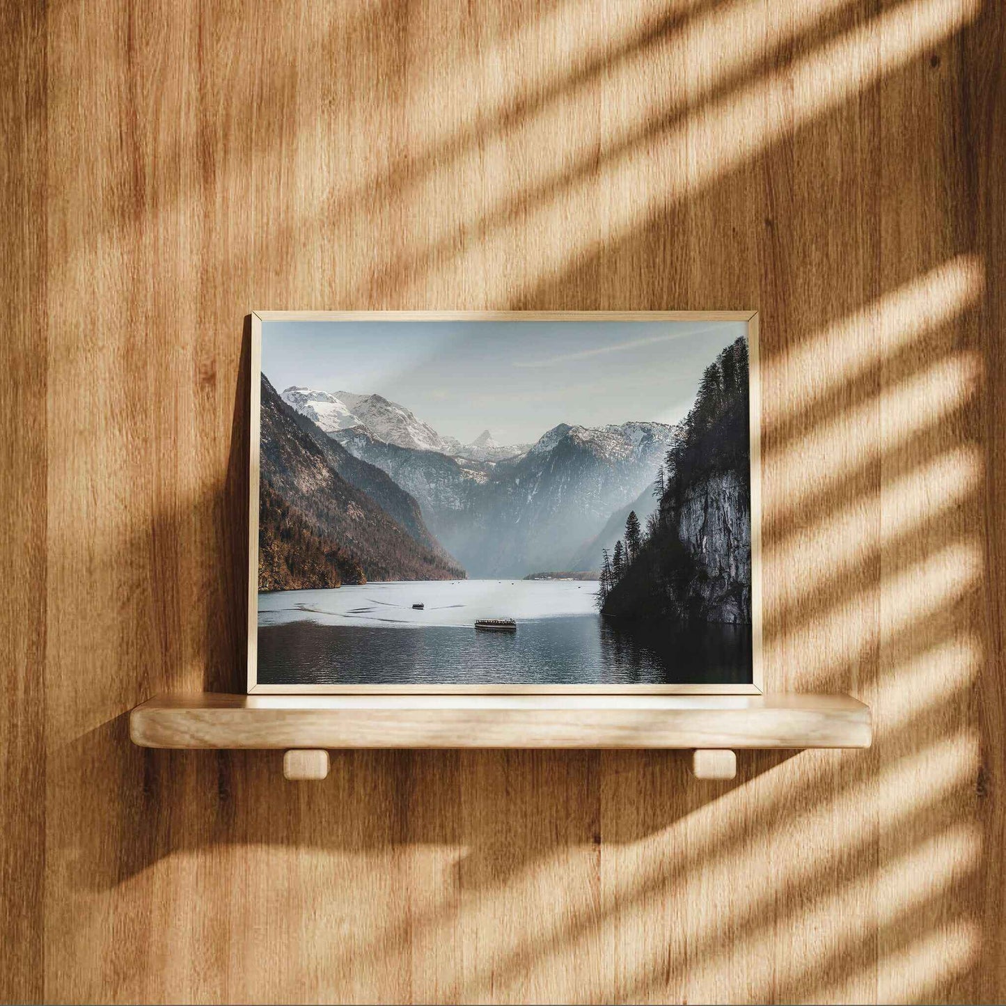 Königssee Lake Print – Bavarian Alps Landscape with Boats and Cliffs