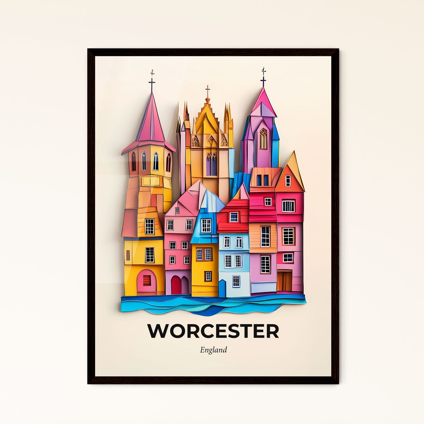 Vivid Worcester, England - a paper cut of a city with a cross on top