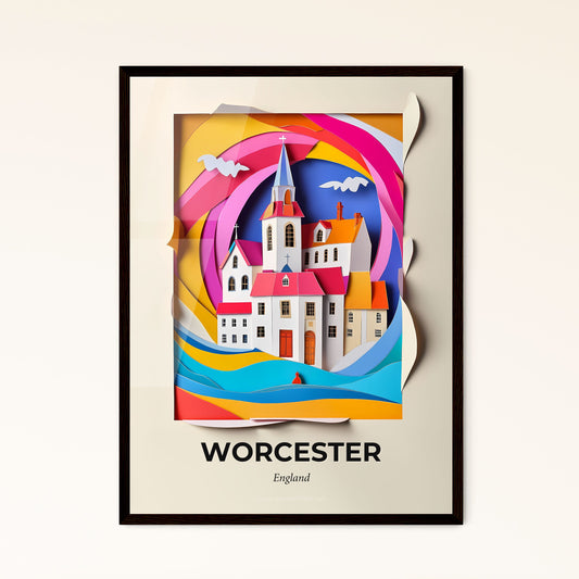 Vivid Worcester, England - a paper cut of a church and a rainbow