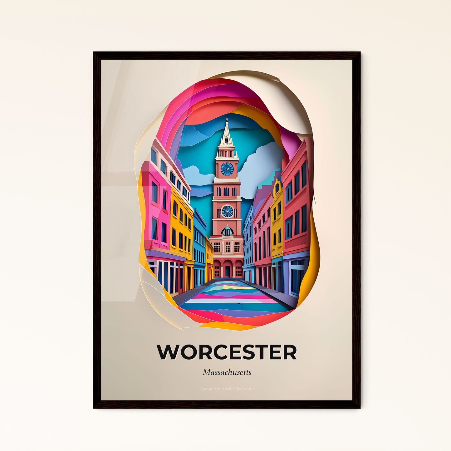 Vivid Worcester, Massachusetts - a clock tower is seen through a paper cut out