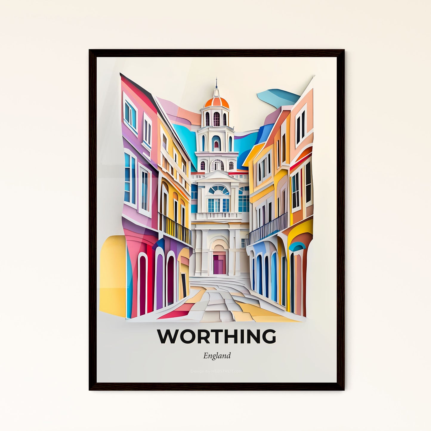 Vivid Worthing, England - a paper cut of a street with a clock tower