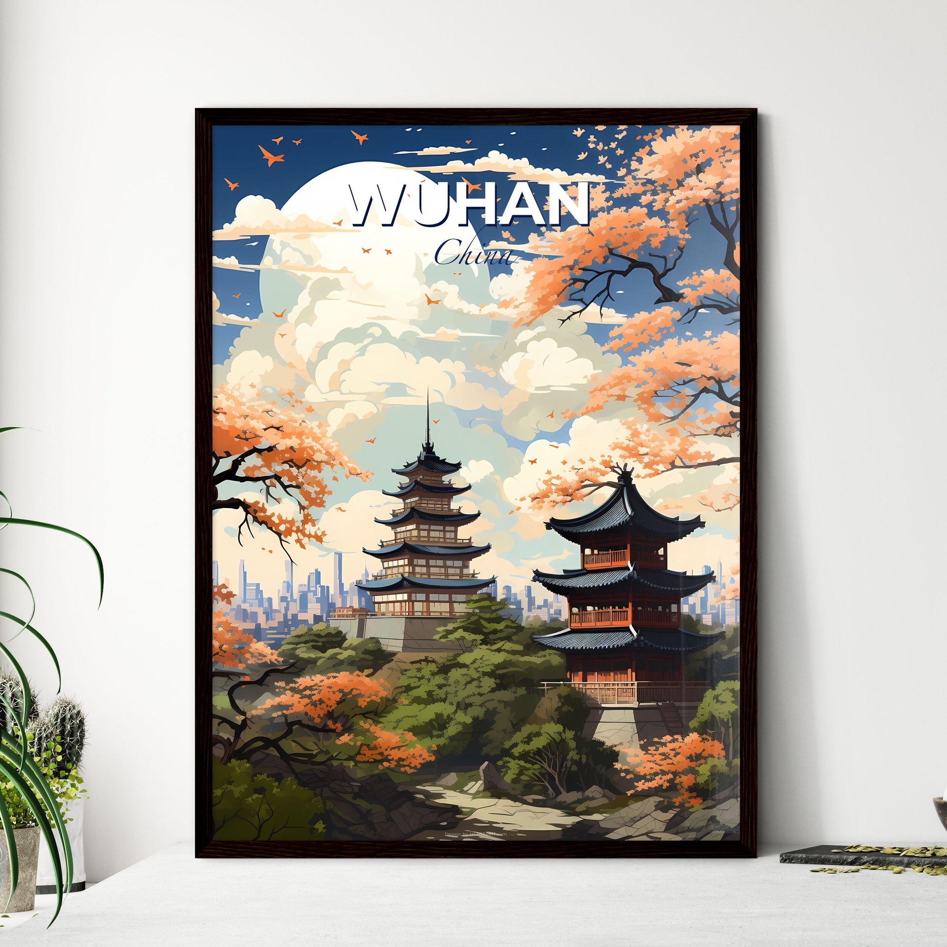 Vibrant Painting of Wuhan China Skyline with Building and Trees Depicting the City's Artistic Charm Default Title