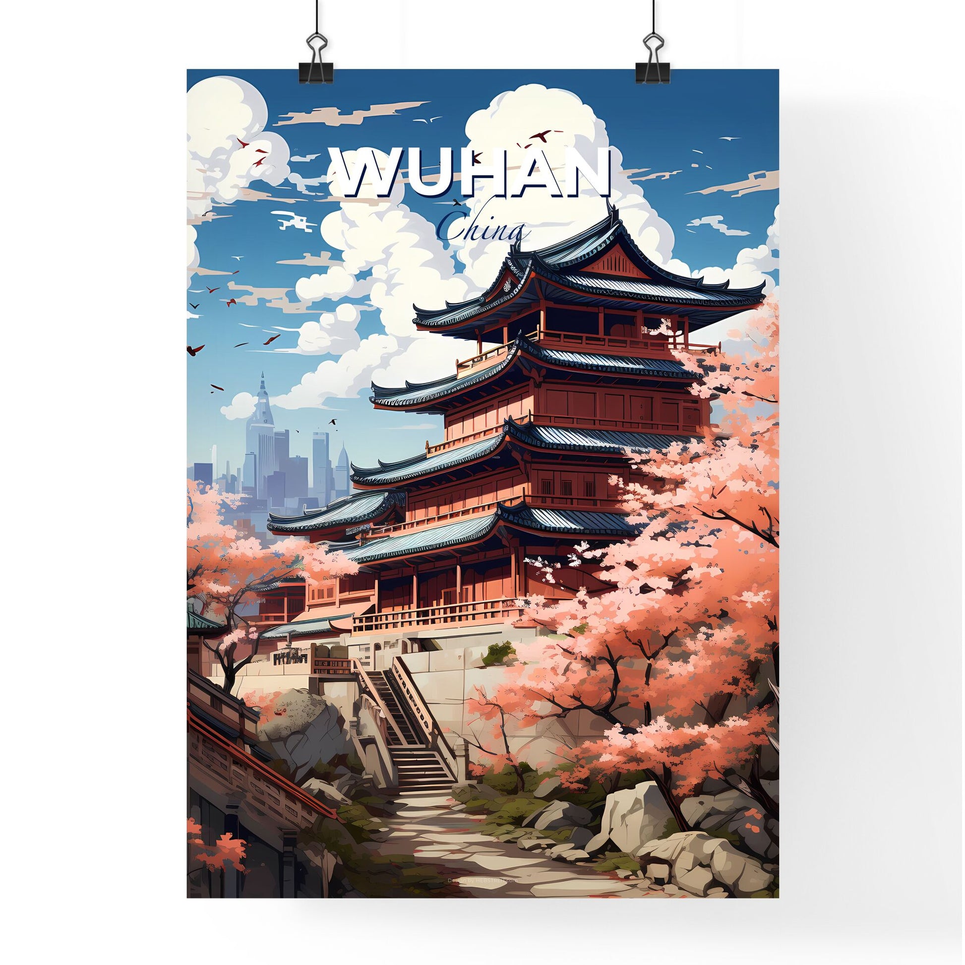 Artistic Skyline Painting - Vibrant City Tower with Pink Trees and Staircase Default Title