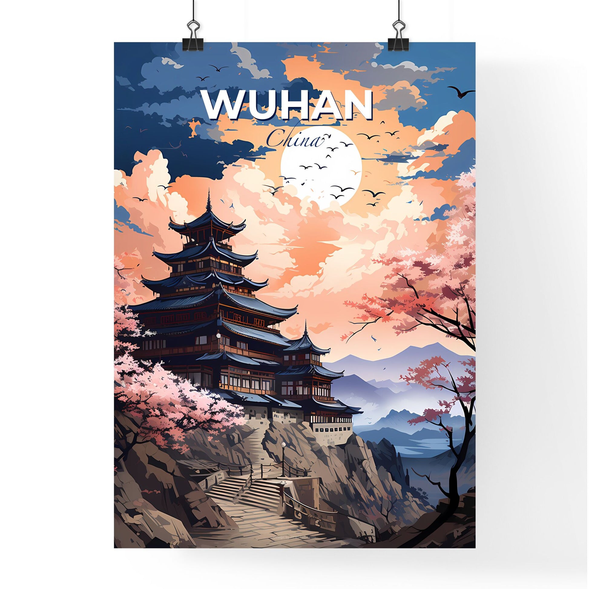 Vibrant Painting of Wuhan Skyline Featuring Hilltop Building, Trees, and Moonlit Night Default Title