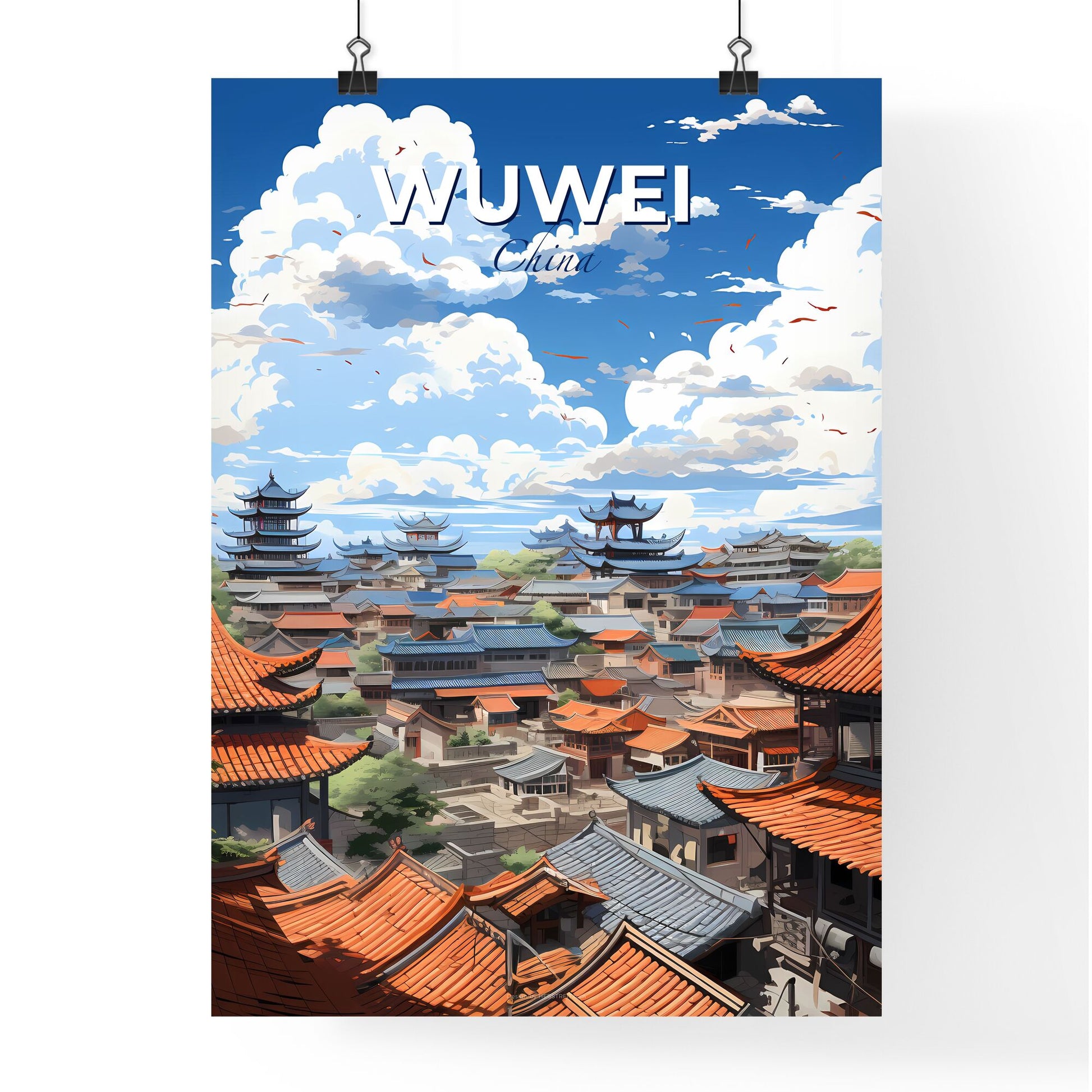 Wuwei, China City Skyline Painting Cityscape Artwork Vibrant Colorful Roofs Architecture Trees Artistic Default Title