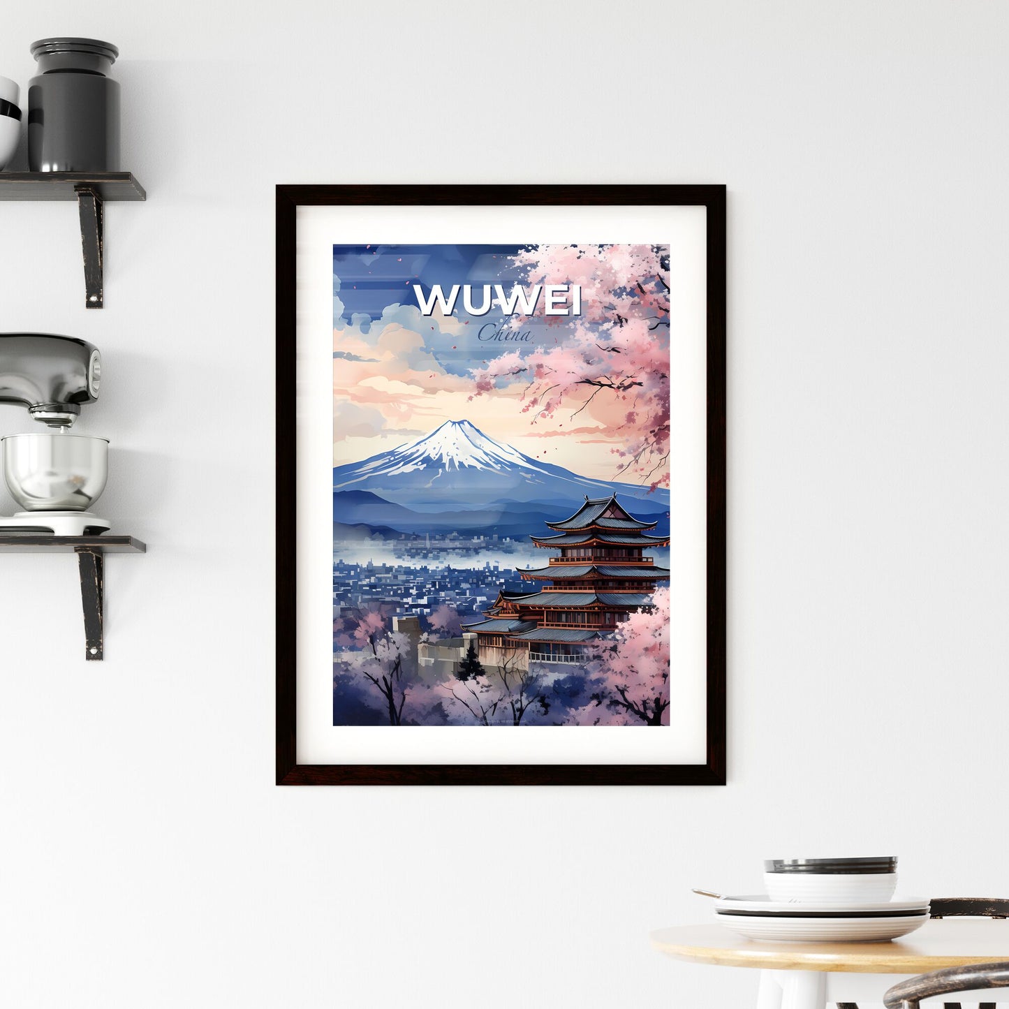 Vibrant Skyline Art Painting: Wuwei, China - Colorful Building and Mountain Scene Default Title