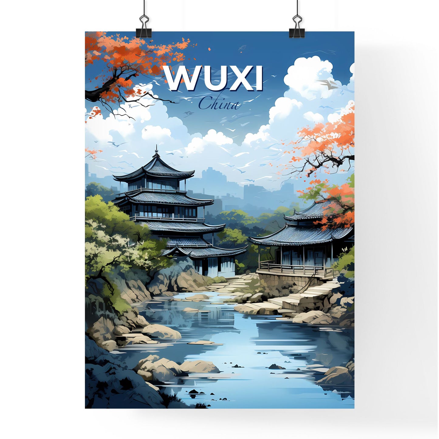 Vibrant Cityscape Painting: Artistic Impression of Wuxi China Skyline by the River Default Title