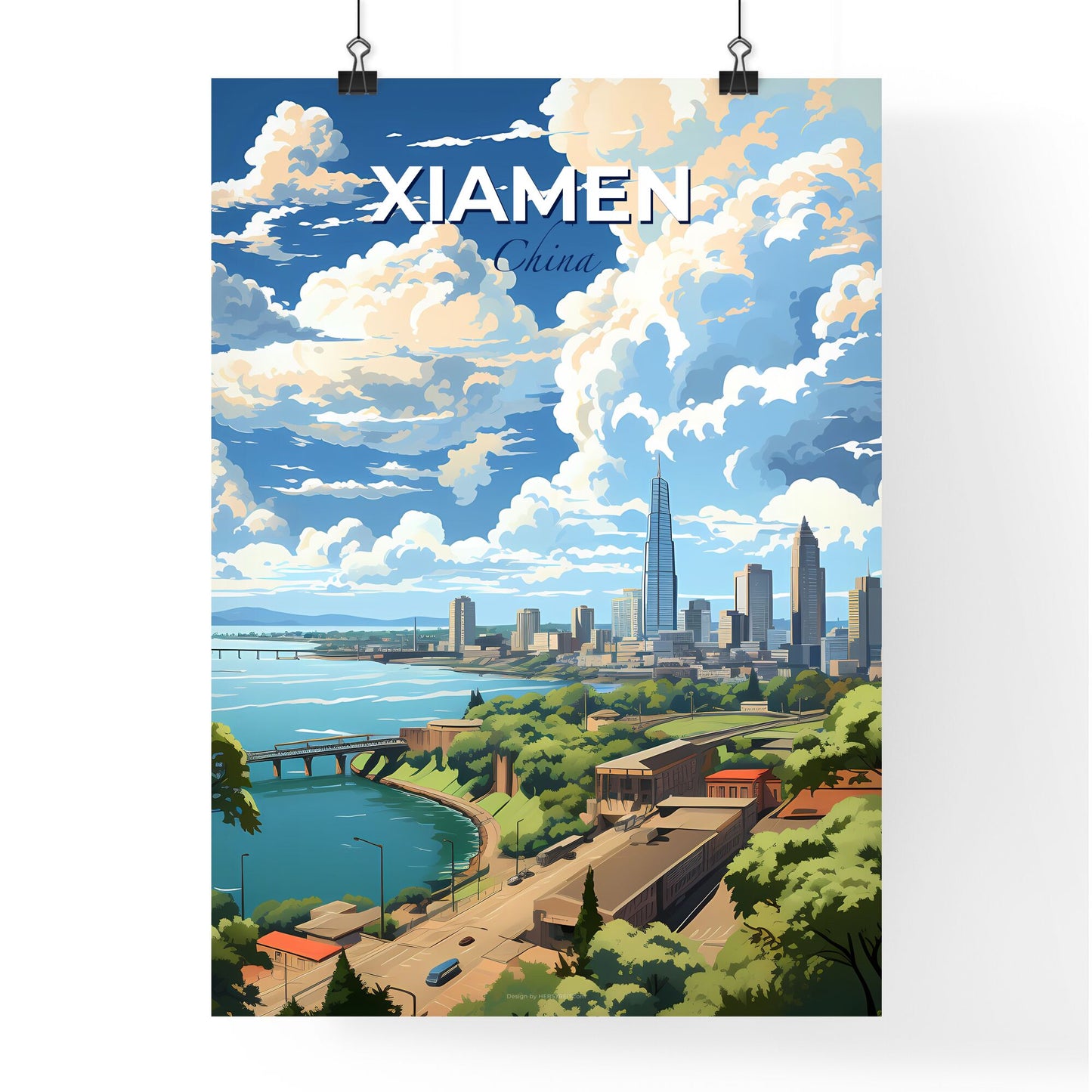 Vibrant Painting of Xiamen China Skyline, Depicting the City's Coastal Charm and Urban Landscape Default Title