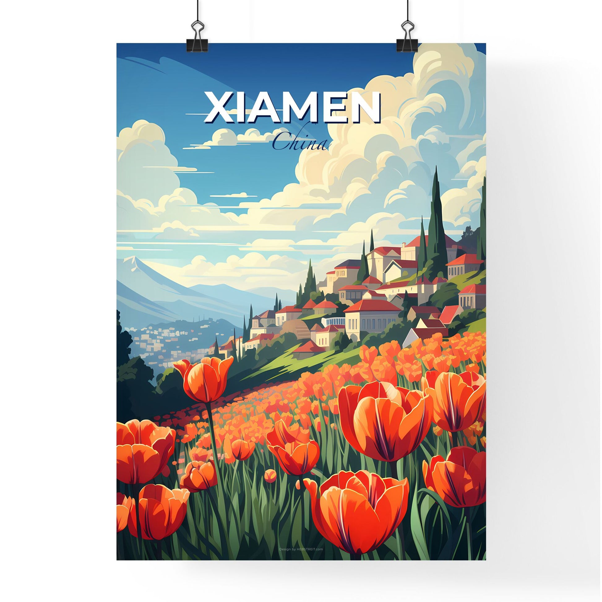 Xiamen China Skyline Painting Vibrant Cityscape with Vivid Flowers Houses and Trees Field Default Title