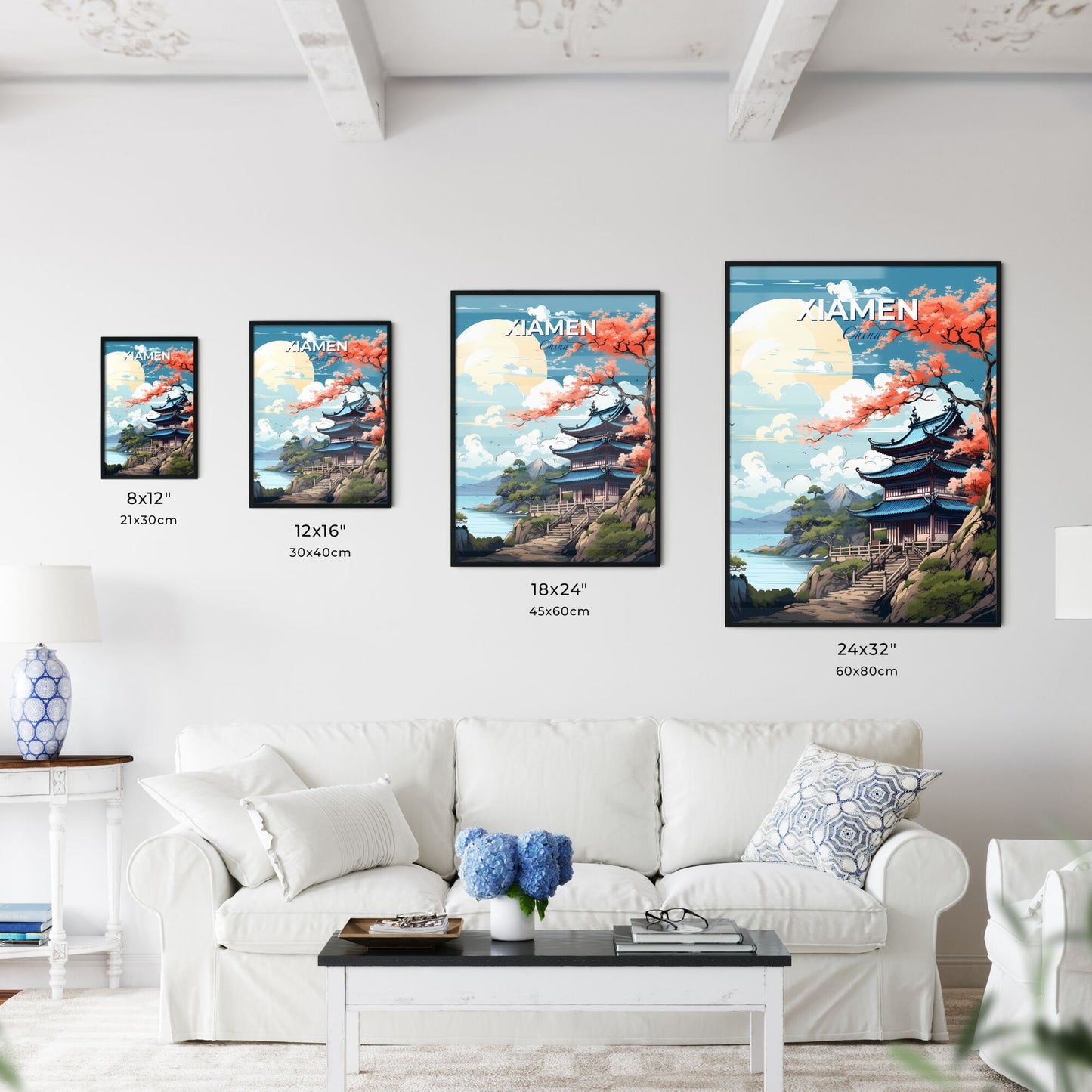 Vibrant Art Print of Xiamen China Skyline: Architectural Painting with Trees and Water Default Title