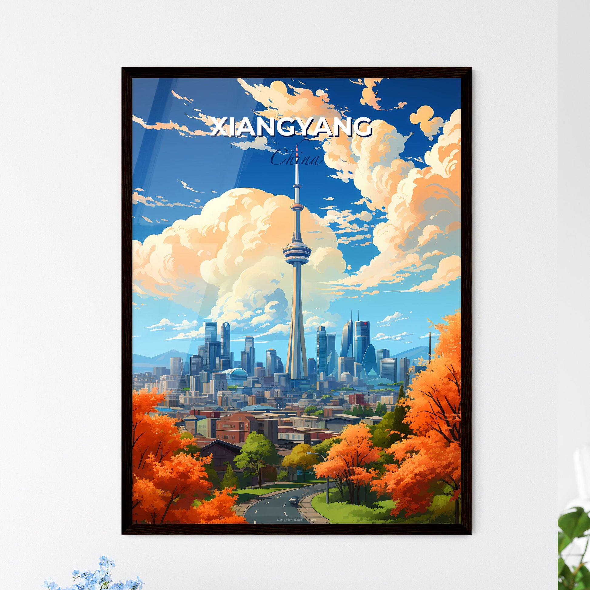 Vibrant Chinese City Orange Sky Evening Skyline Tall Building Art Painting Default Title