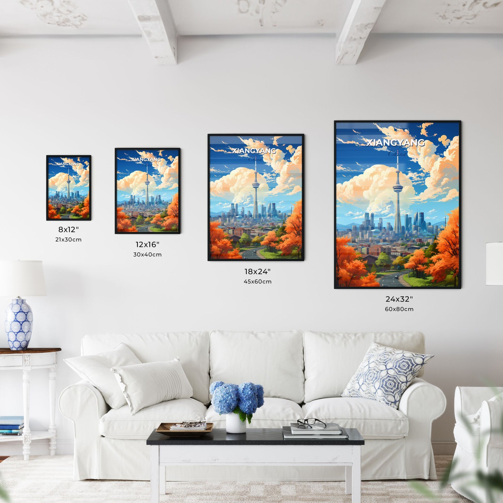 Vibrant Chinese City Orange Sky Evening Skyline Tall Building Art Painting Default Title