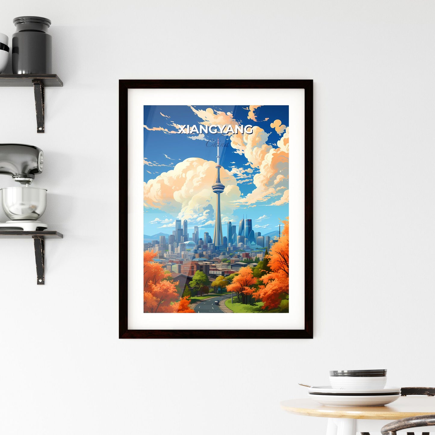 Vibrant Chinese City Orange Sky Evening Skyline Tall Building Art Painting Default Title