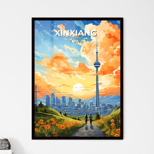 Vibrant Artistic Depiction: Couple Strolling through Scenic Xinxiang Skyline Default Title