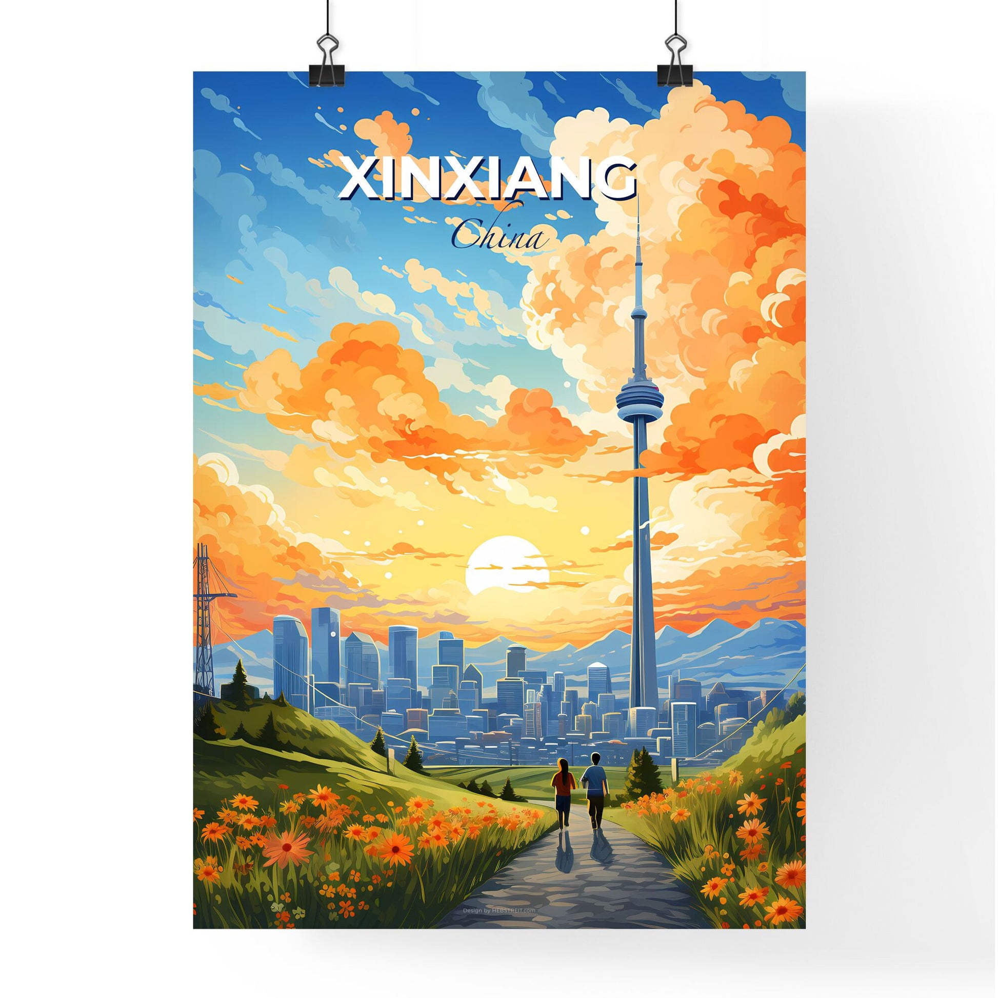 Vibrant Artistic Depiction: Couple Strolling through Scenic Xinxiang Skyline Default Title