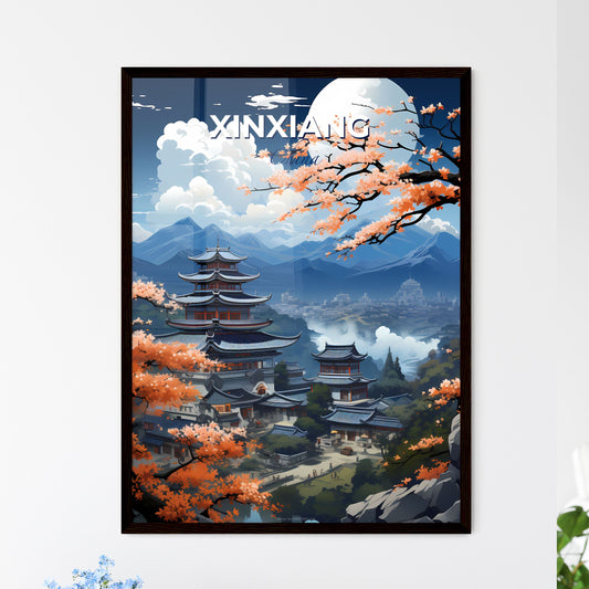 Modern Skyline Panorama with Oriental Pagoda and Mountain Range in Xinxiang, China - Vibrant Artistic Painting Default Title