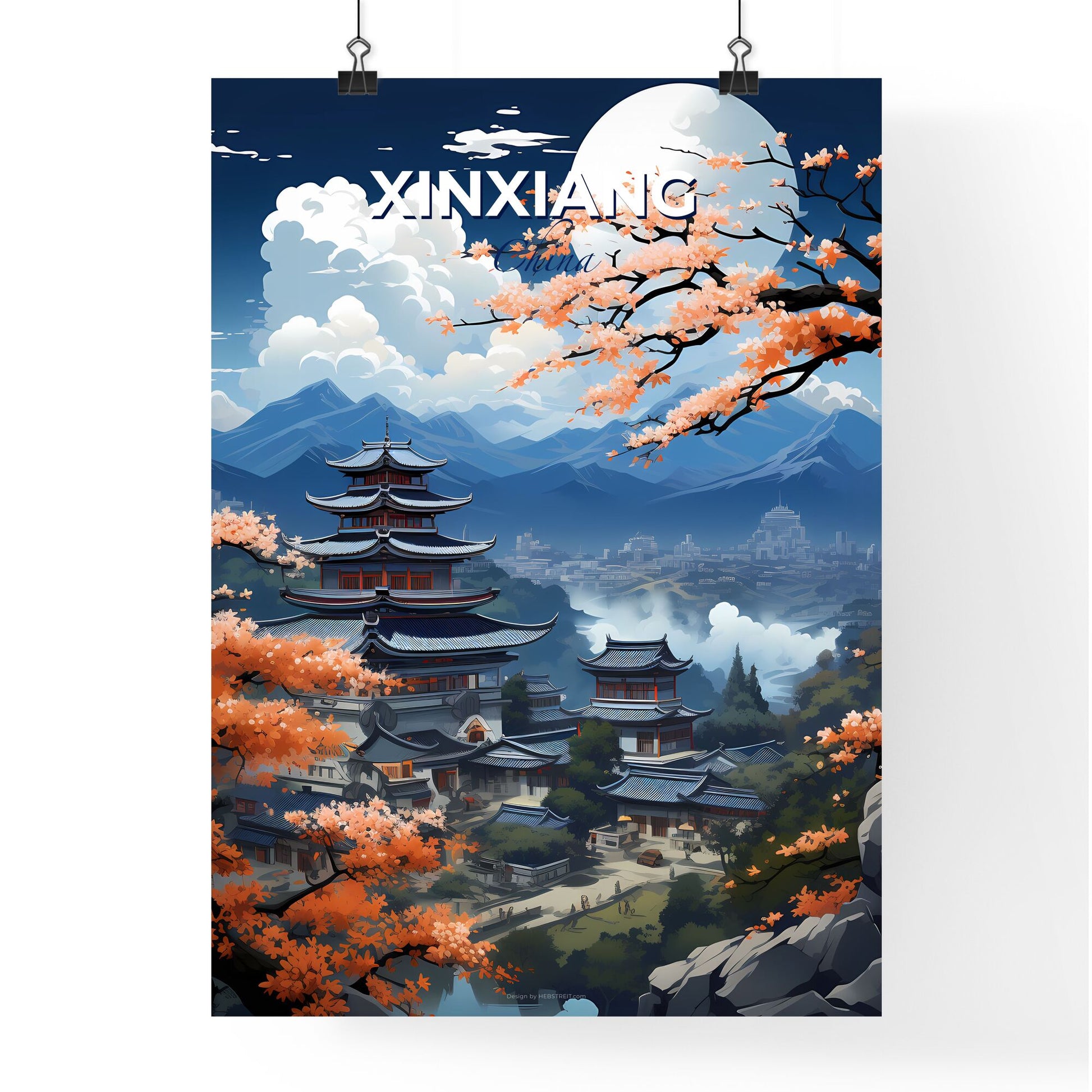 Modern Skyline Panorama with Oriental Pagoda and Mountain Range in Xinxiang, China - Vibrant Artistic Painting Default Title