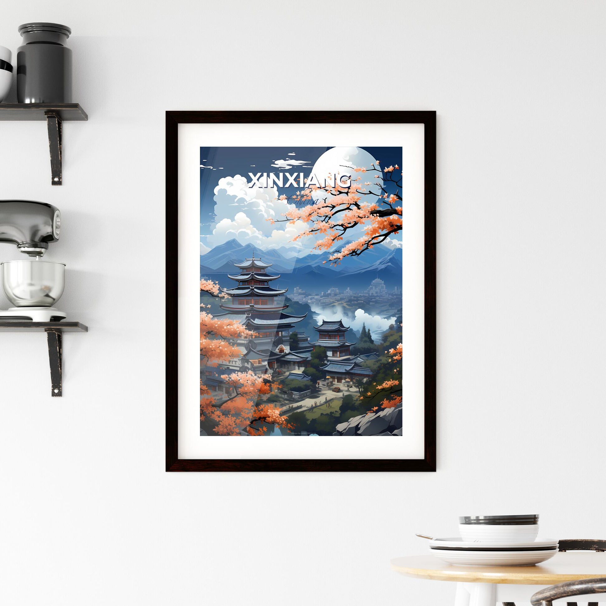 Modern Skyline Panorama with Oriental Pagoda and Mountain Range in Xinxiang, China - Vibrant Artistic Painting Default Title