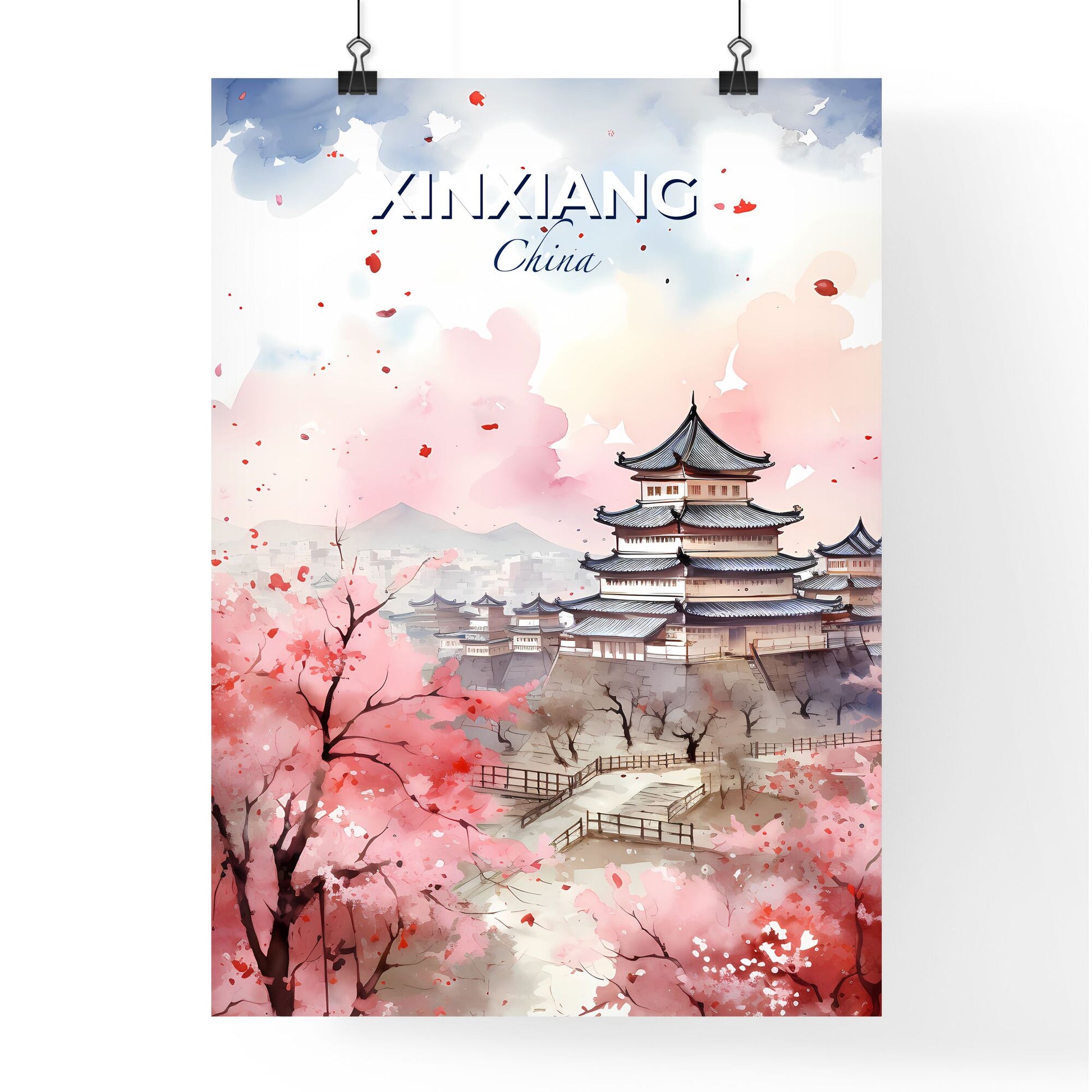 Artistic Painting of Xinxiang China Skyline with Pink Blossoming Tree Default Title