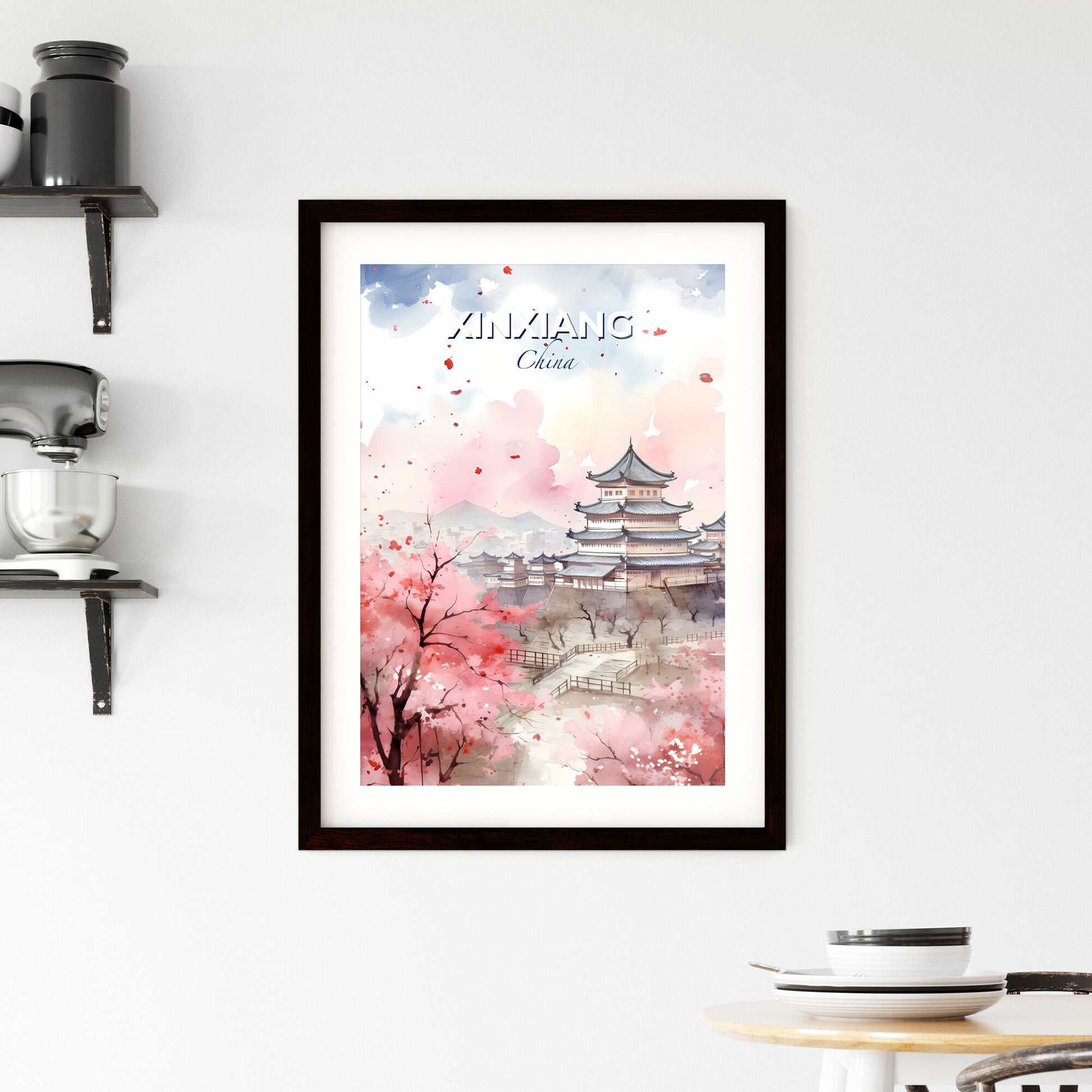 Artistic Painting of Xinxiang China Skyline with Pink Blossoming Tree Default Title