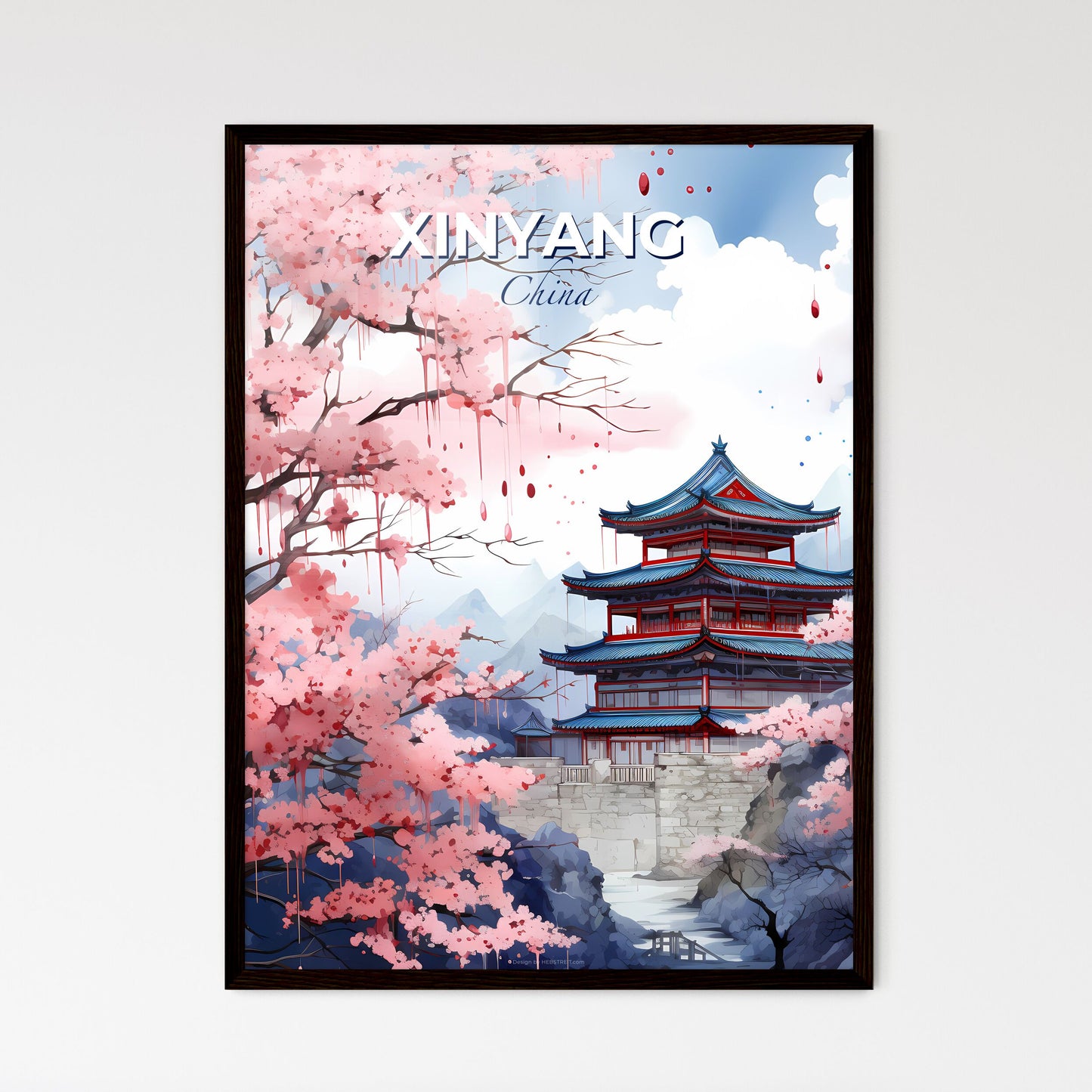 Vibrant Painting Featuring Xinyang China Skyline Amidst Cherry Blossom Tree Default Title