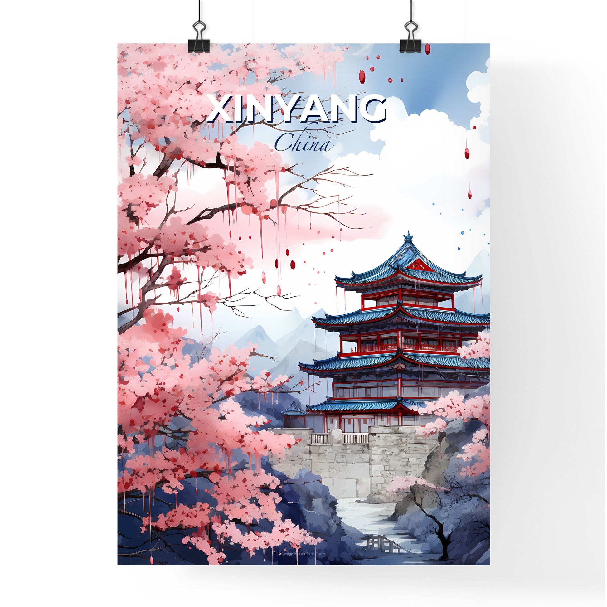 Vibrant Painting Featuring Xinyang China Skyline Amidst Cherry Blossom Tree Default Title