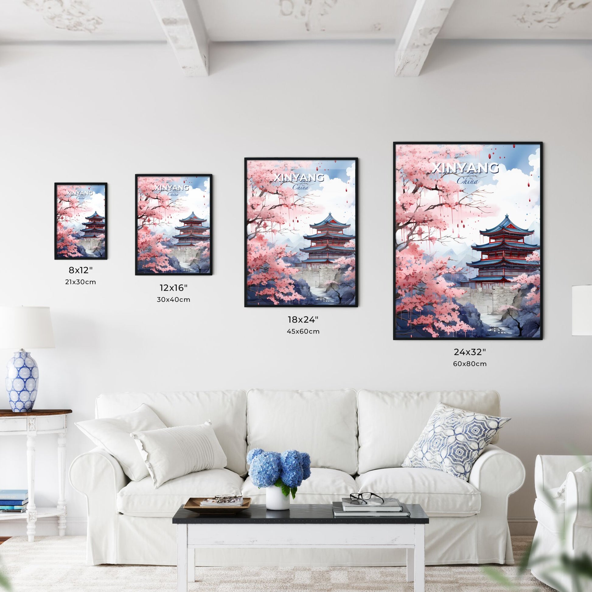 Vibrant Painting Featuring Xinyang China Skyline Amidst Cherry Blossom Tree Default Title