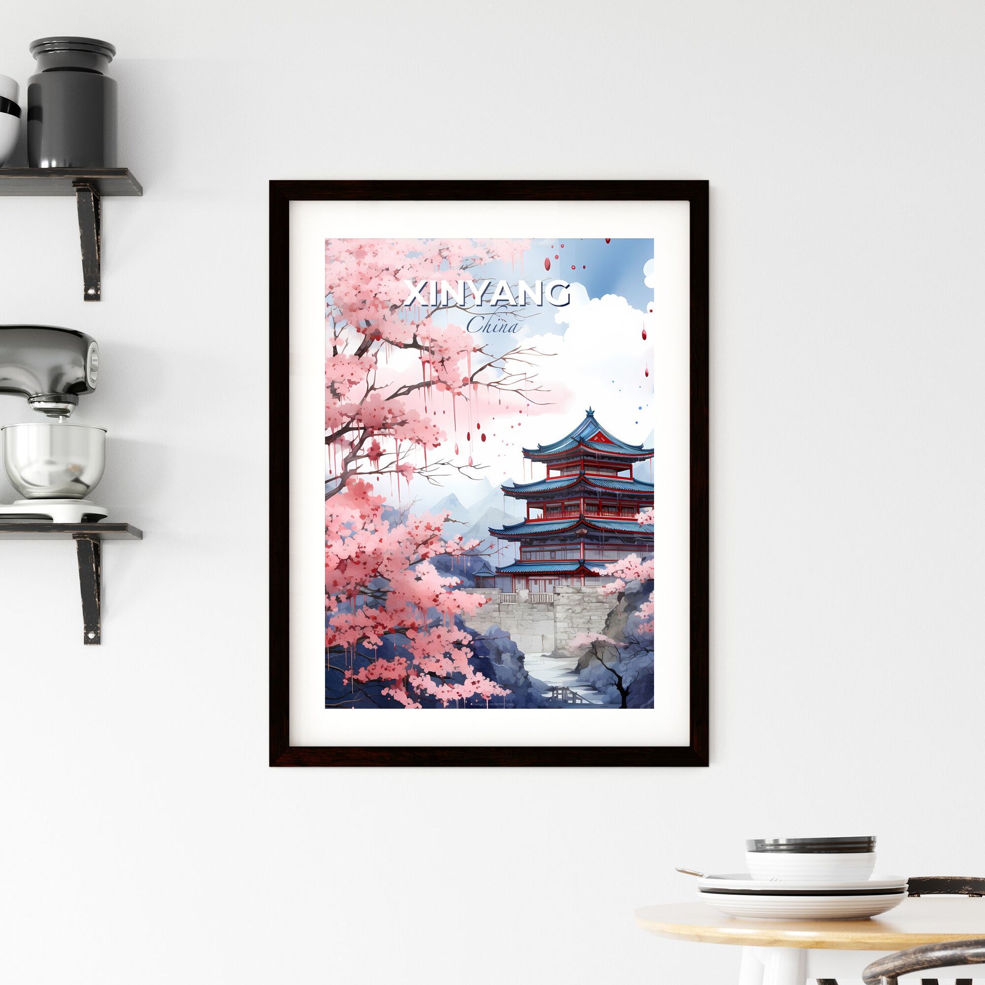 Vibrant Painting Featuring Xinyang China Skyline Amidst Cherry Blossom Tree Default Title