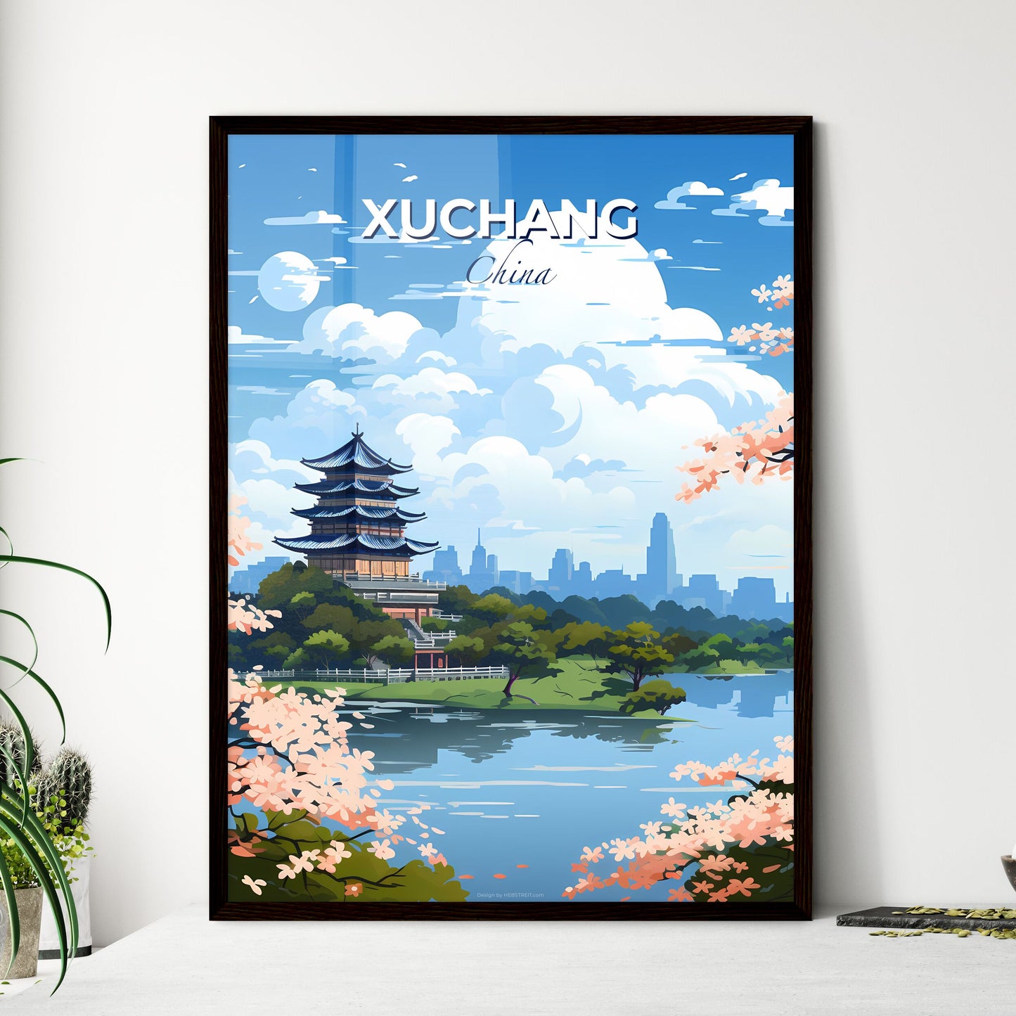 Vibrant cityscape painting of Xuchang, China with a pagoda on a hill, surrounded by trees and water Default Title