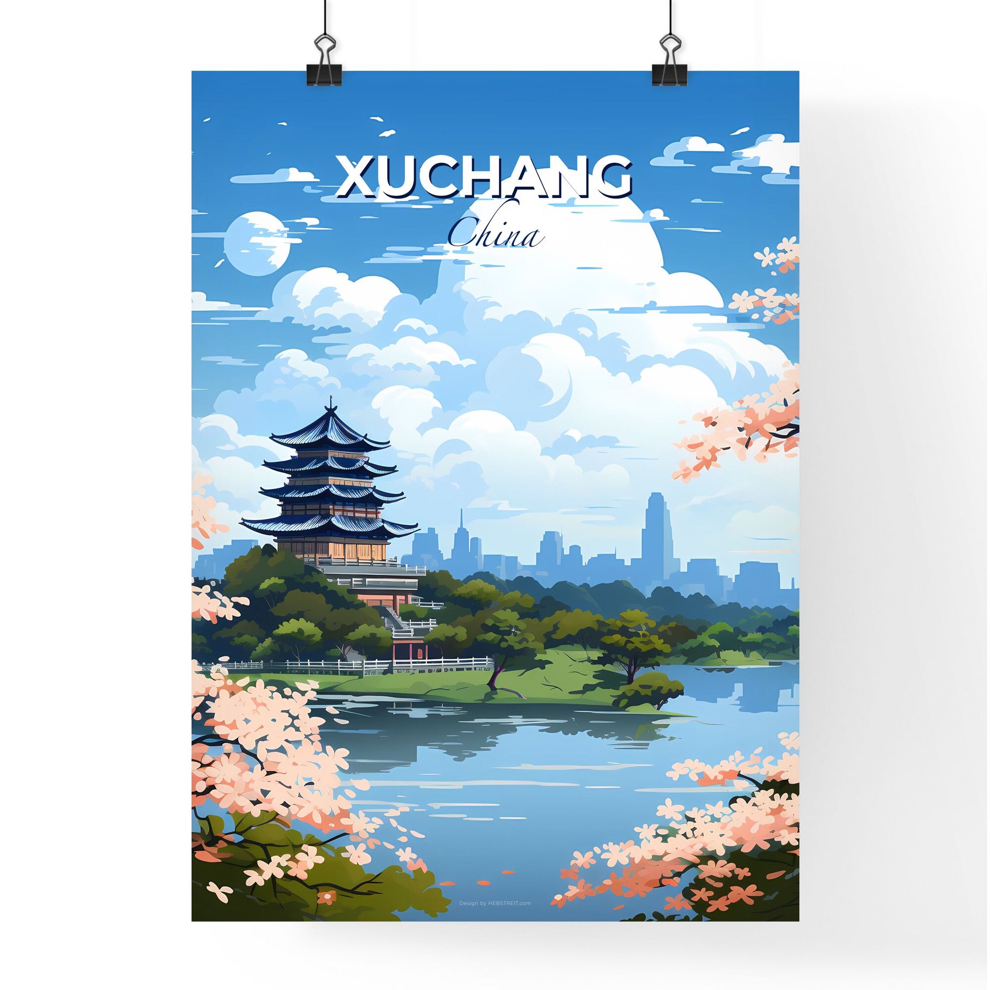 Vibrant cityscape painting of Xuchang, China with a pagoda on a hill, surrounded by trees and water Default Title