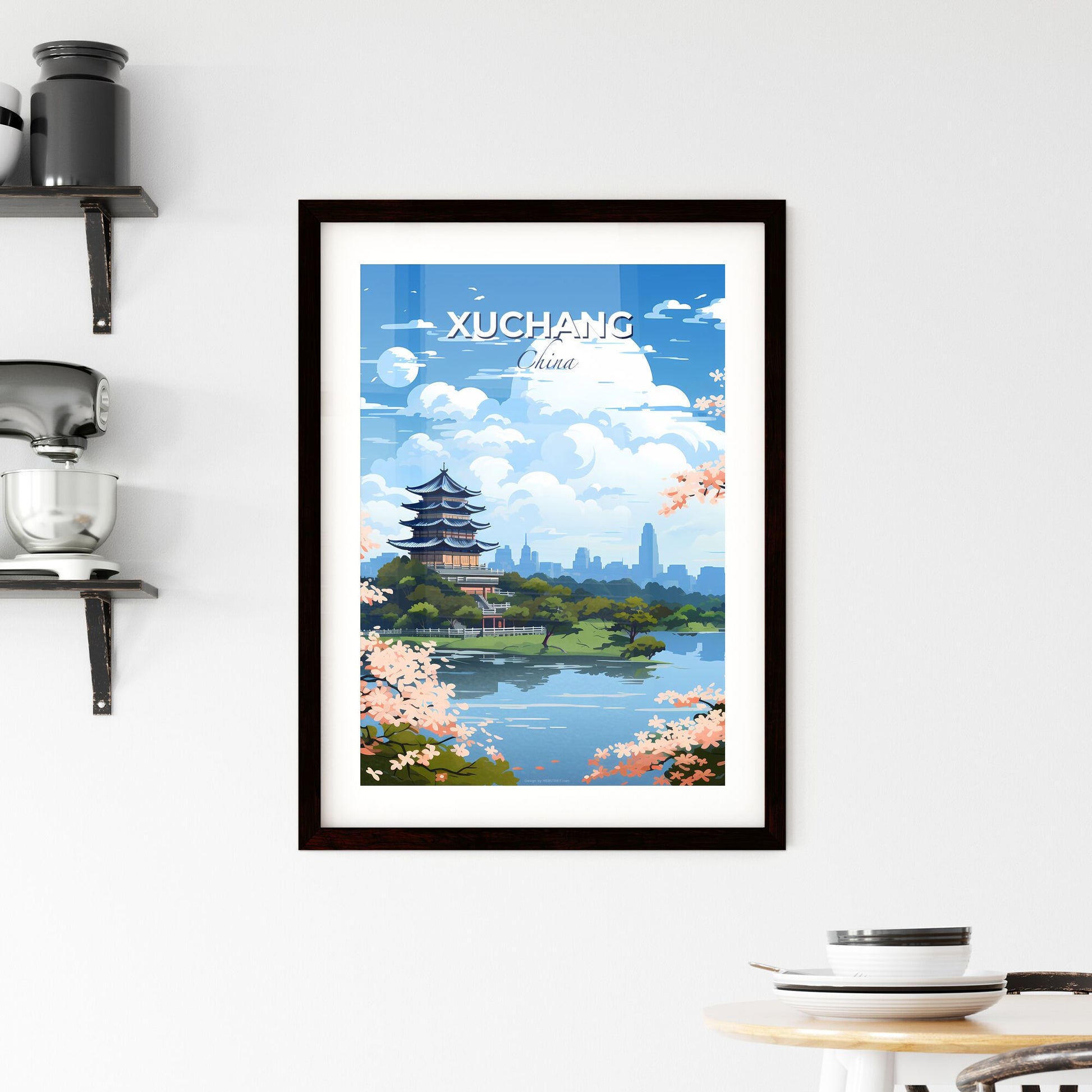 Vibrant cityscape painting of Xuchang, China with a pagoda on a hill, surrounded by trees and water Default Title