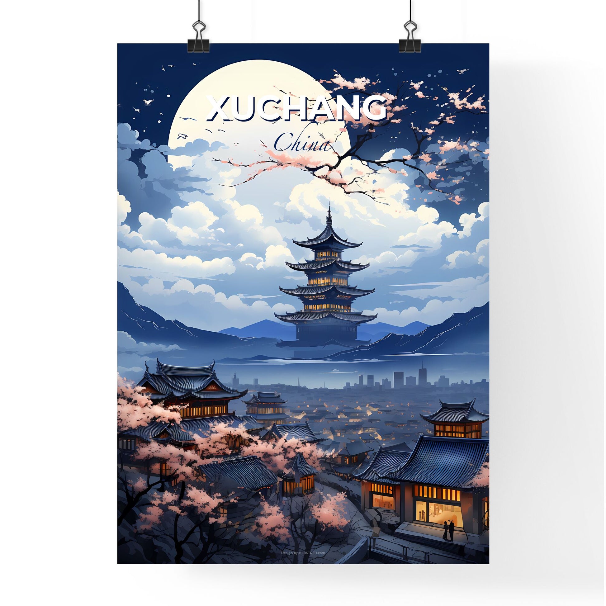 Xuchang Cityscape Painting: Pagoda and Cherry Blossoms in Vibrant Hues Default Title