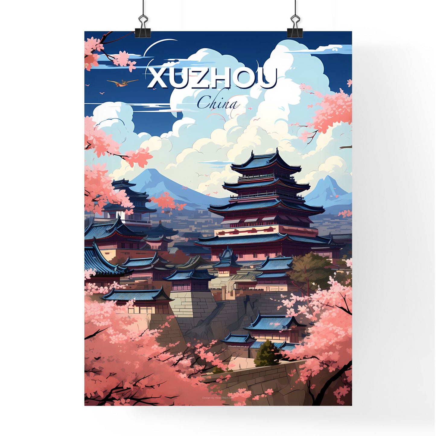 Xuzhou China Urban Painting Art - Building Pagoda Cherry Blossoms Vibrant Skyline Abstract Default Title