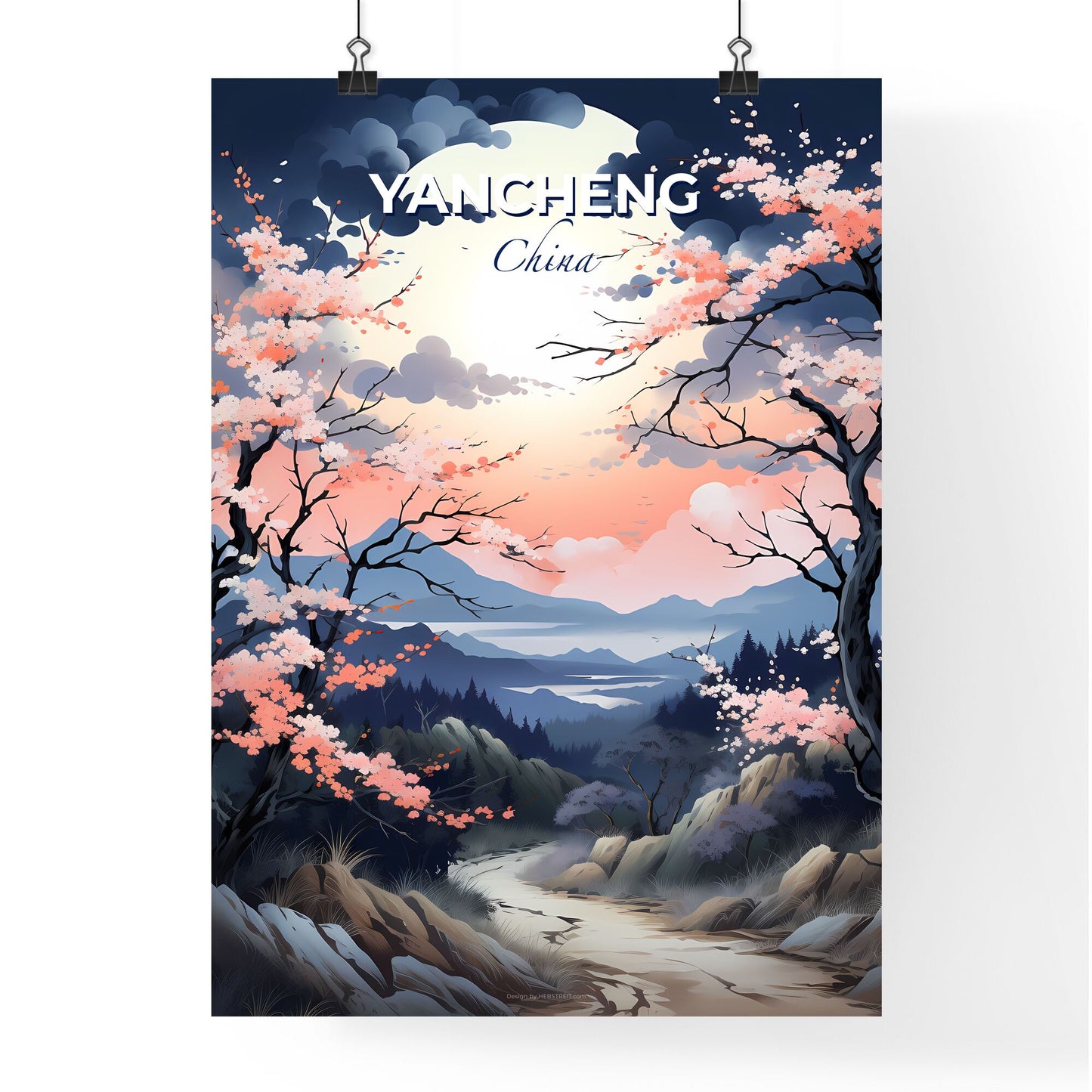 Vibrant Chinese Landscape Painting: Yancheng Skyline with Trees and Mountains Default Title