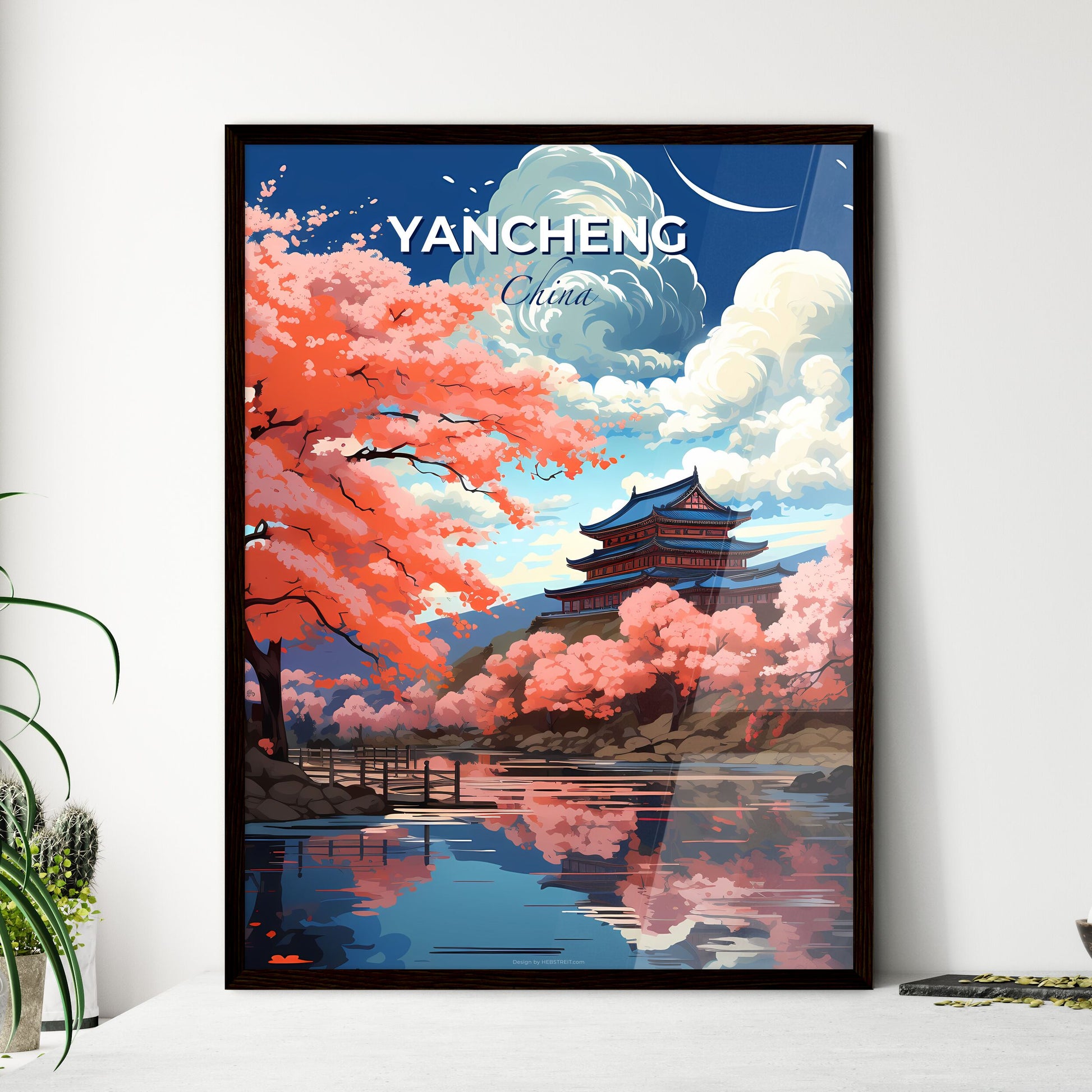 Artistic Skyline Painting: Vibrant Pagoda, River, and Pink Trees in Yancheng China Default Title