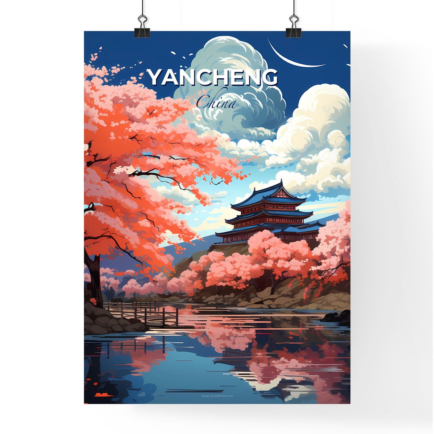 Artistic Skyline Painting: Vibrant Pagoda, River, and Pink Trees in Yancheng China Default Title