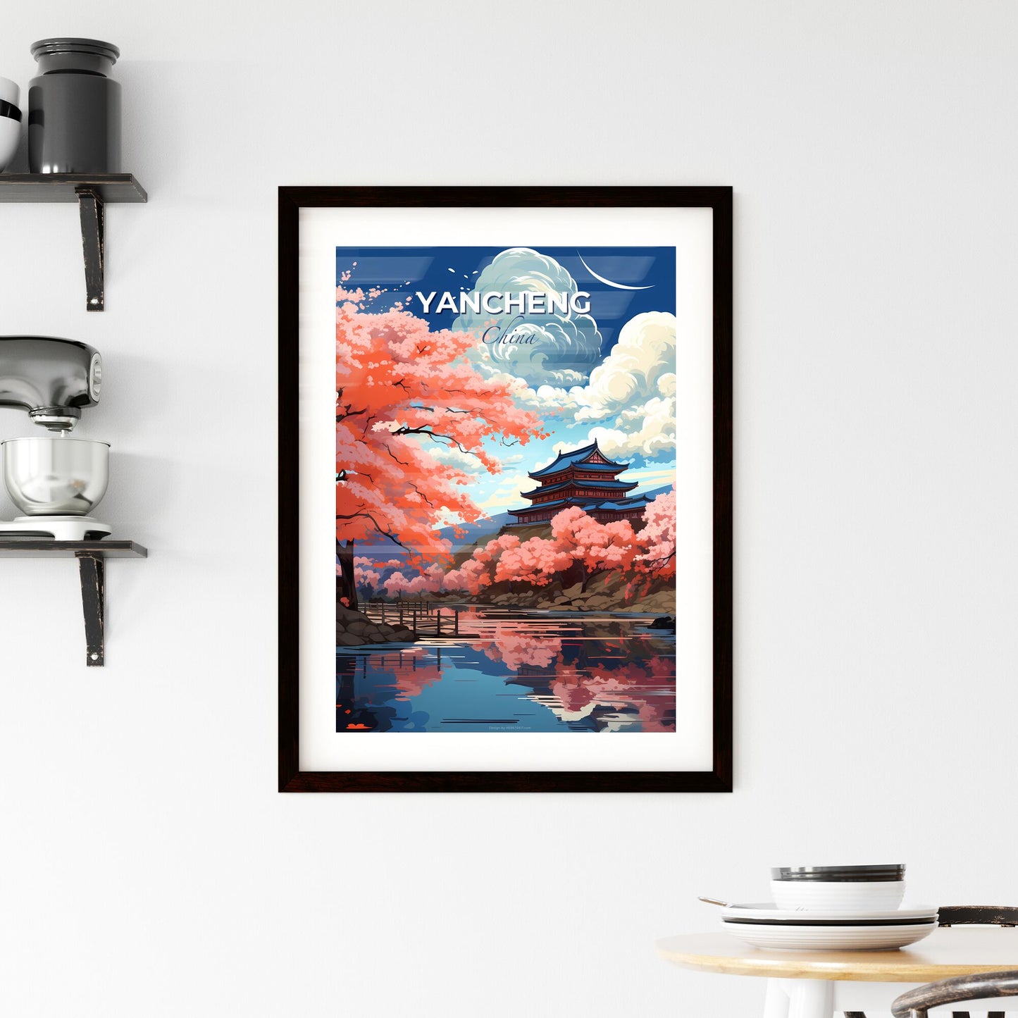 Artistic Skyline Painting: Vibrant Pagoda, River, and Pink Trees in Yancheng China Default Title