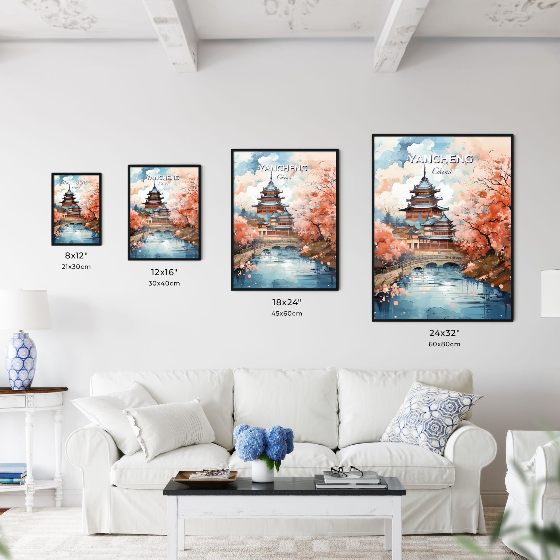 Modern Cityscape Painting: Vibrant Art Featuring Yancheng China Skyline and River Bridge Default Title