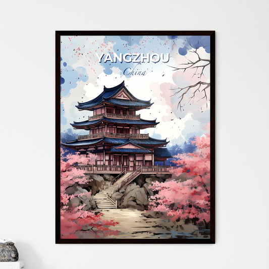 Yangzhou China Skyline Painting: Pagoda on Rock with Pink Flowers Vibrant Art Default Title
