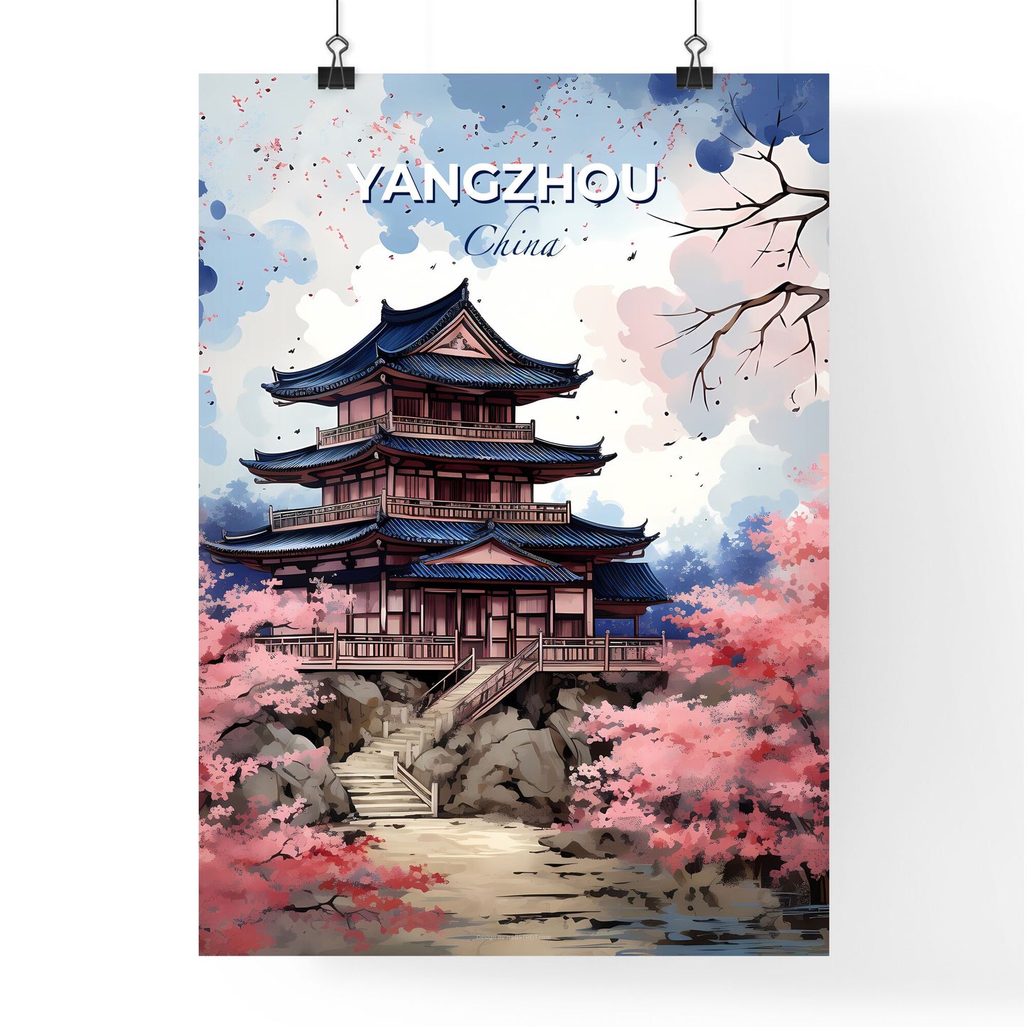 Yangzhou China Skyline Painting: Pagoda on Rock with Pink Flowers Vibrant Art Default Title