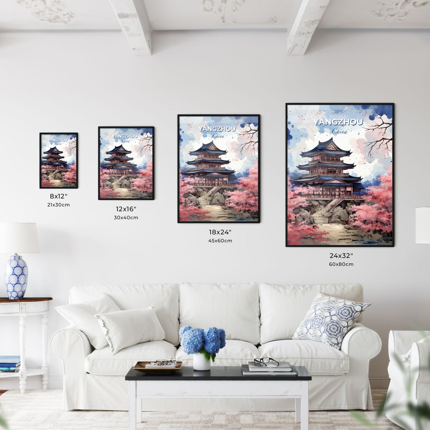 Yangzhou China Skyline Painting: Pagoda on Rock with Pink Flowers Vibrant Art Default Title