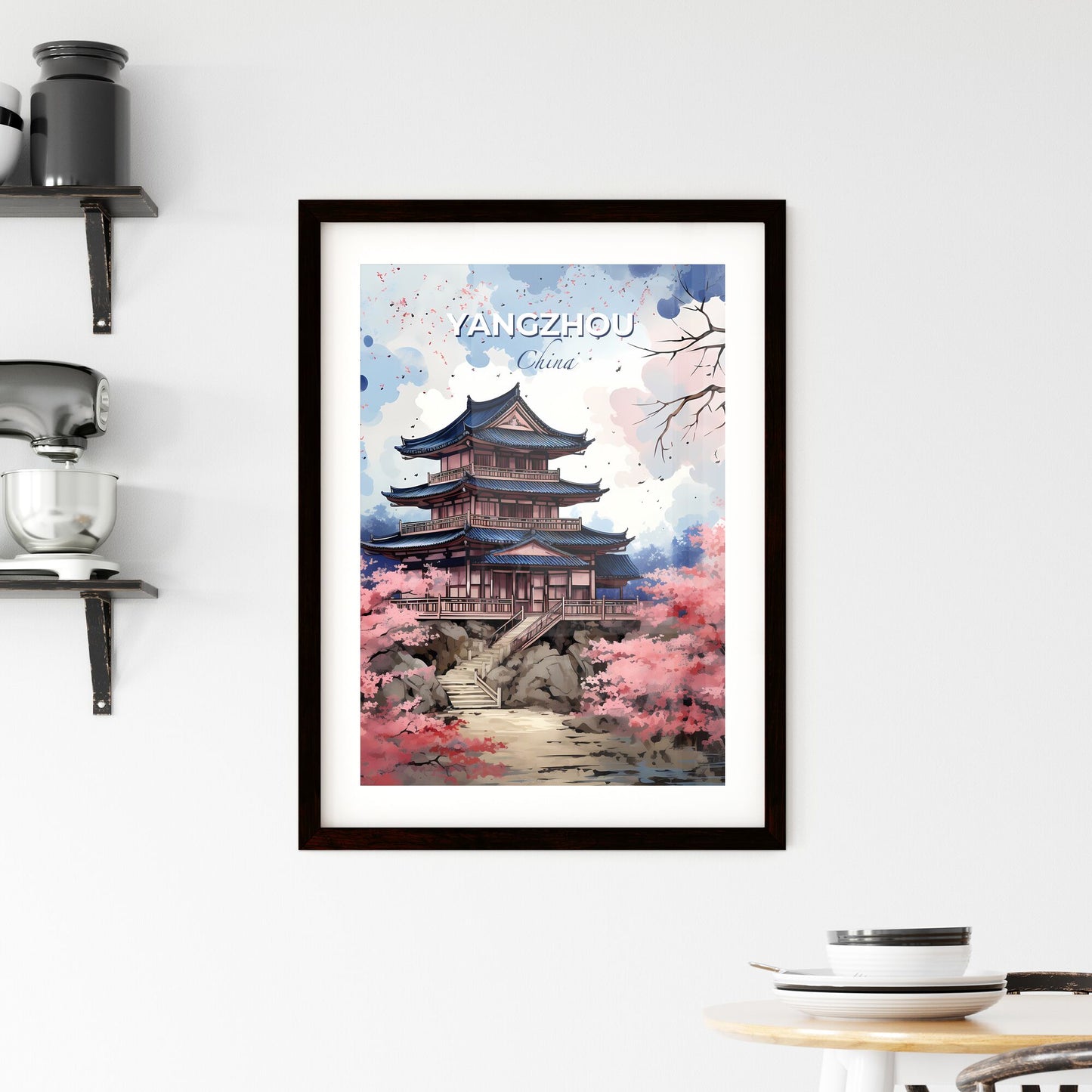 Yangzhou China Skyline Painting: Pagoda on Rock with Pink Flowers Vibrant Art Default Title