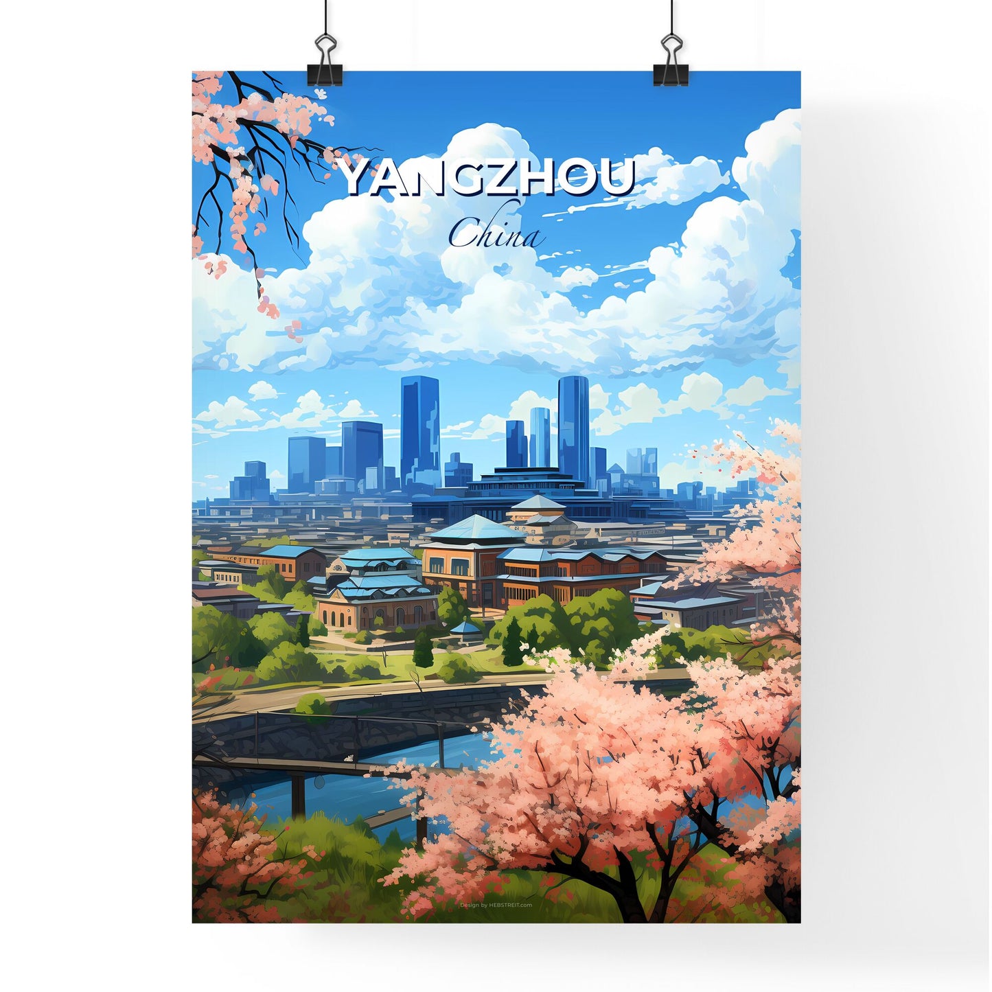 Yangzhou Cityscape Art - Vibrant Painting of Skyline Bridge and Trees Default Title